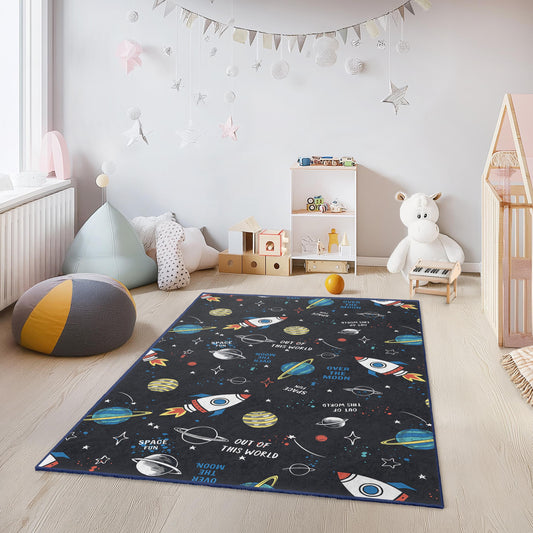 Out of This World Space Theme Kids Rug, Rocket and Planet Play Mat, Rectangle Childrens Rug, Cosmic Decor for Kids Room