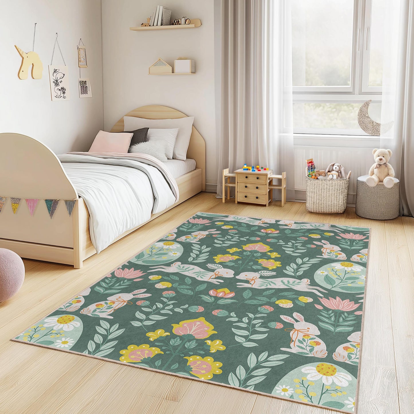 Kinderteppich mit Blumen-Hasenmuster, rechteckiger Kinderzimmerteppich, Spielzimmerteppich, Babyzimmerteppich, niedlicher Tierteppich, Kinderbereichsteppich