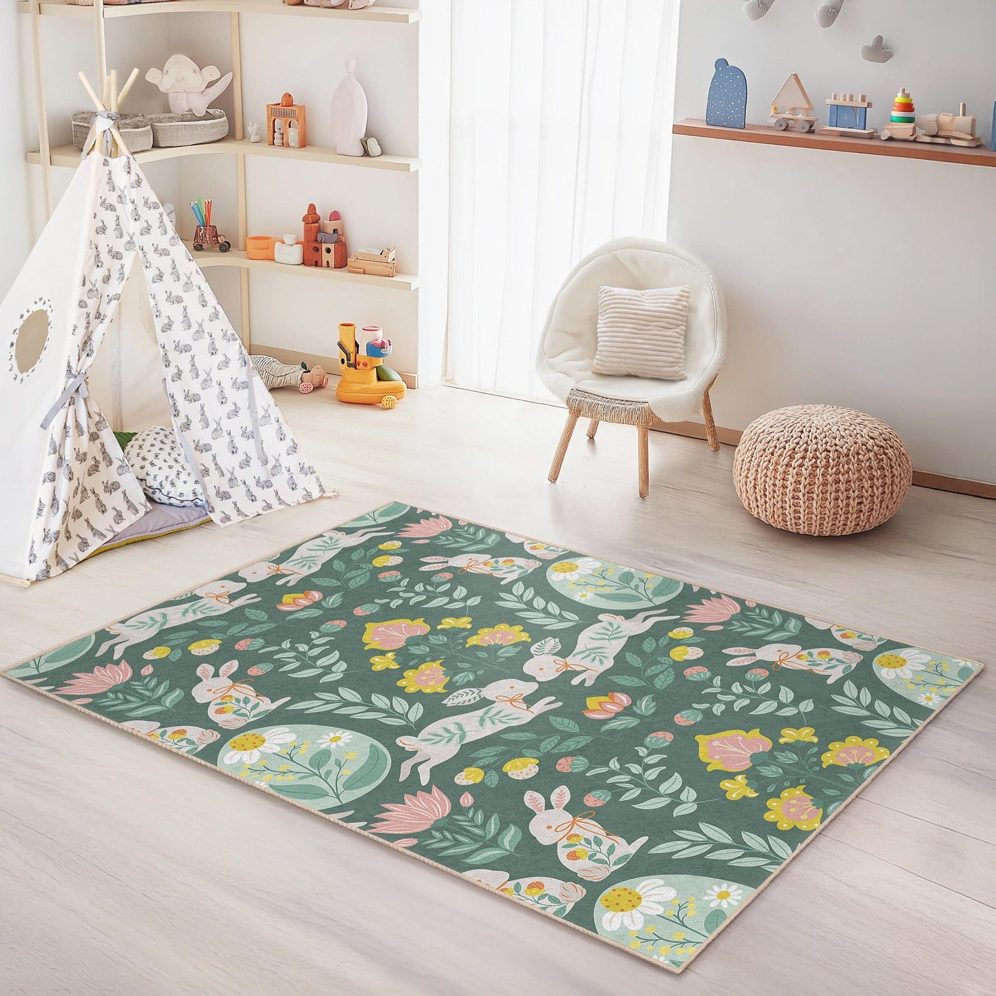 Kinderteppich mit Blumen-Hasenmuster, rechteckiger Kinderzimmerteppich, Spielzimmerteppich, Babyzimmerteppich, niedlicher Tierteppich, Kinderbereichsteppich