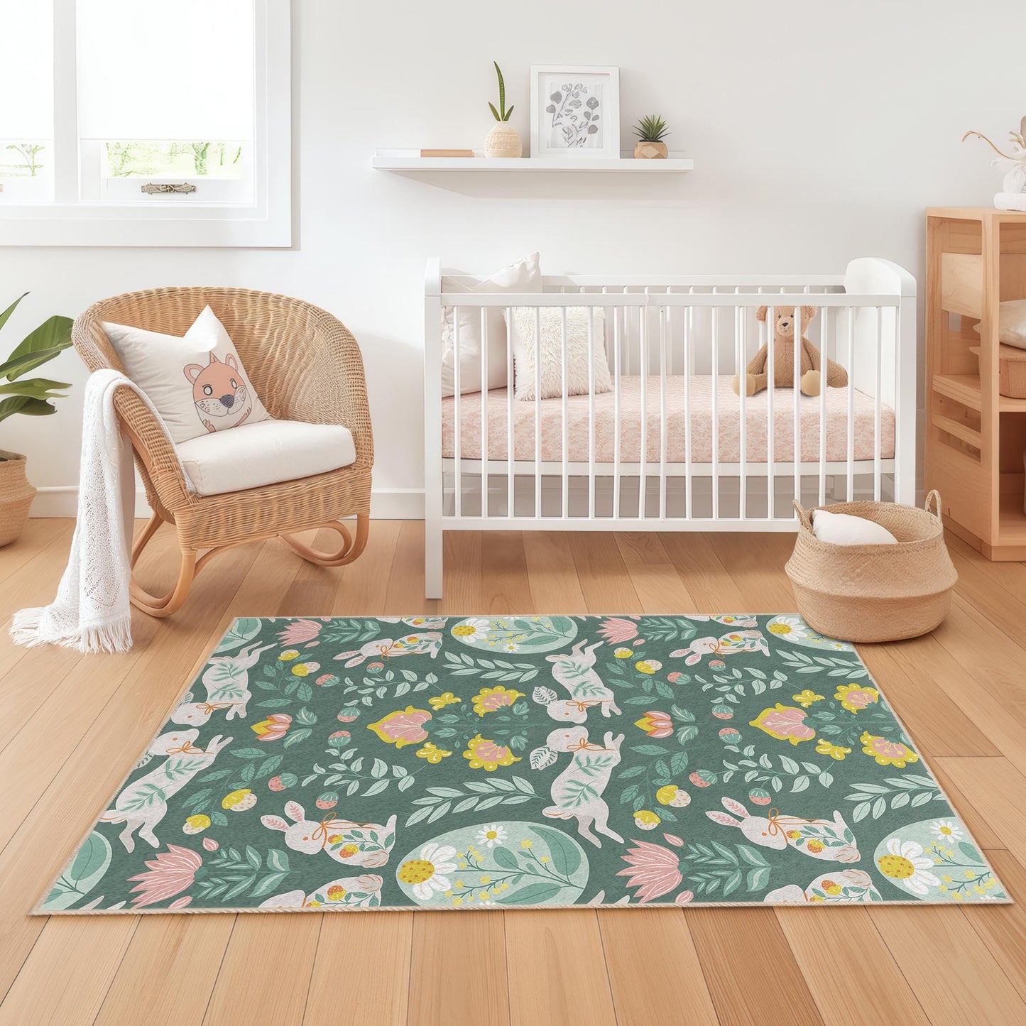 Kinderteppich mit Blumen-Hasenmuster, rechteckiger Kinderzimmerteppich, Spielzimmerteppich, Babyzimmerteppich, niedlicher Tierteppich, Kinderbereichsteppich