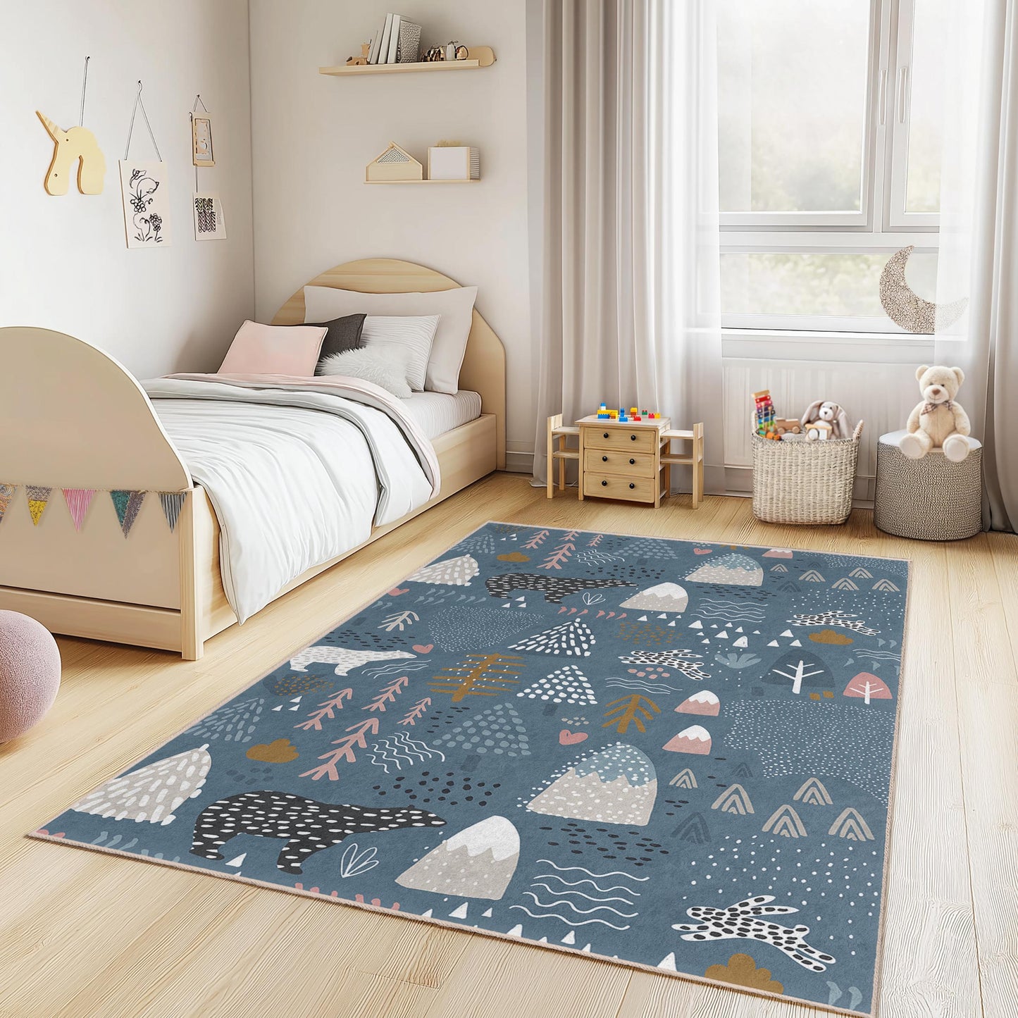 Forest Adventure Kids Rug, Bear and Trees Play Mat, Soft Rectangle Children's Rug, Nursery Decor for Kids Room