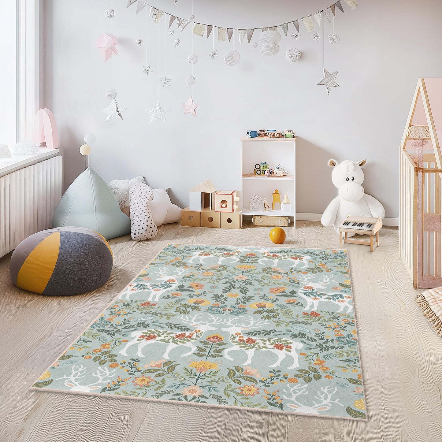Rechteckiger Kinderteppich mit floralem Hirschmuster, naturinspirierter Kinderteppich, Spielzimmerteppich, Kinderzimmerteppich, florale Dekoration