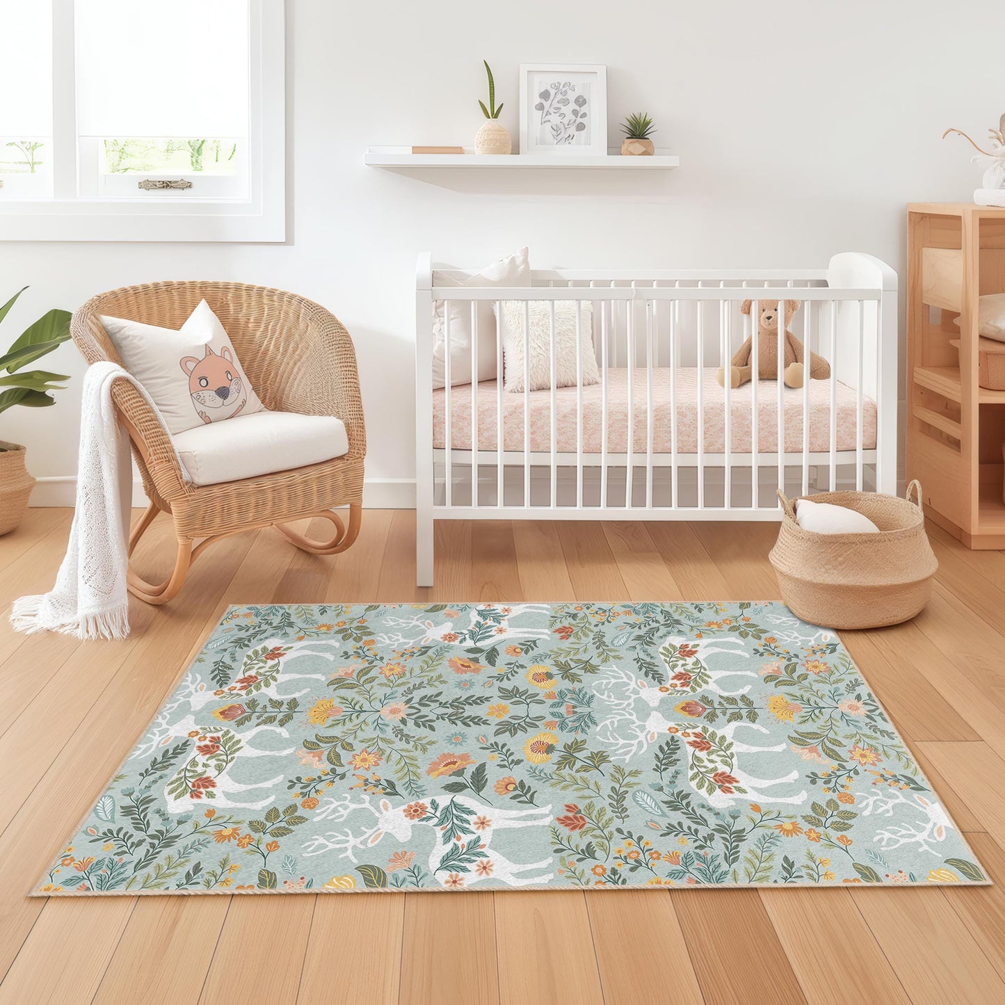 Rechteckiger Kinderteppich mit floralem Hirschmuster, naturinspirierter Kinderteppich, Spielzimmerteppich, Kinderzimmerteppich, florale Dekoration