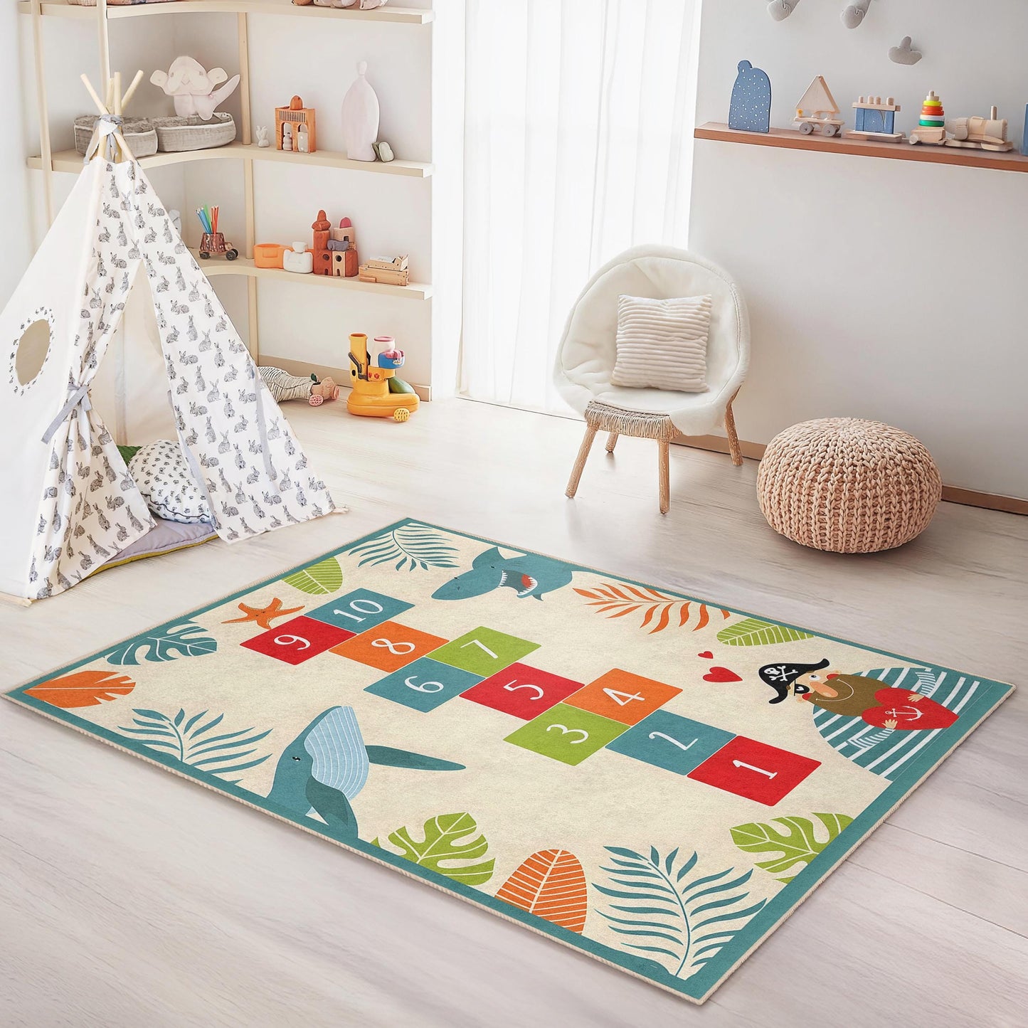 Bunter Piraten-Abenteuer-Kinderteppich, Hüpfspielmatte, rechteckiger Kinderzimmerteppich, lustige Hai-Deko, maritimer Kinderzimmerteppich