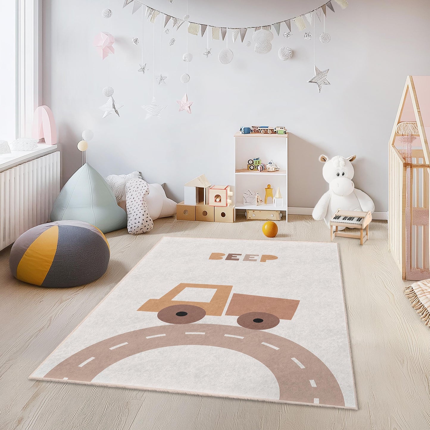 Beeping Truck Kids Rug, Cute Truck Playmat, Rectangle Kids Room Carpet, Fun Nursery Decor, Soft Play Room Rug