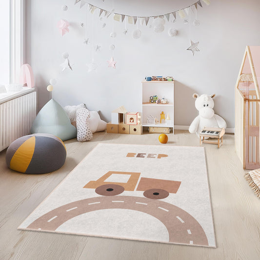 Beeping Truck Kids Rug, Cute Truck Playmat, Rectangle Kids Room Carpet, Fun Nursery Decor, Soft Play Room Rug