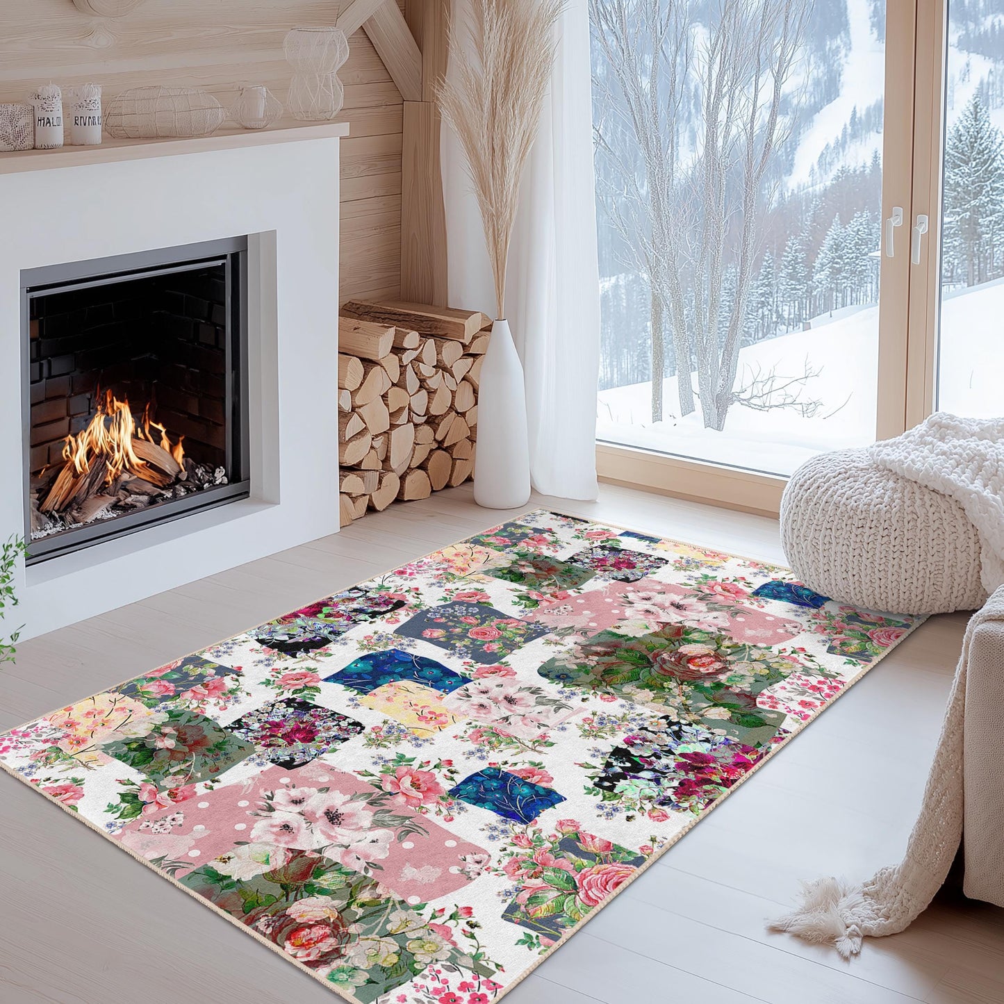 Rechteckiger Teppich mit lebhaftem Blumenmuster im Patchwork-Stil, Boho-Blumenteppich fürs Wohnzimmer, weicher Dekoteppich, einzigartige Wohnaccessoires
