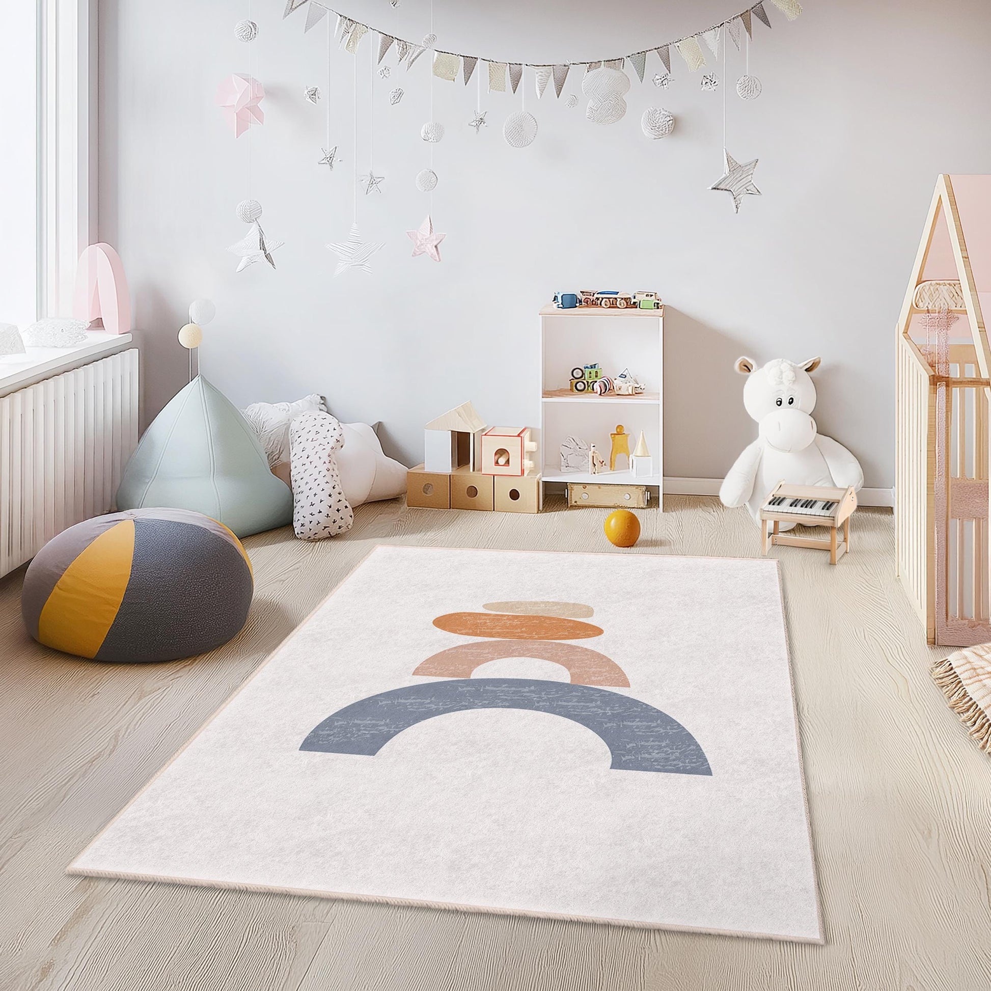 Abstract Rainbow Design Rectangular Kids Rug, Soft Geometric Carpet for Children's Room, Playroom Decor, Nursery Rug