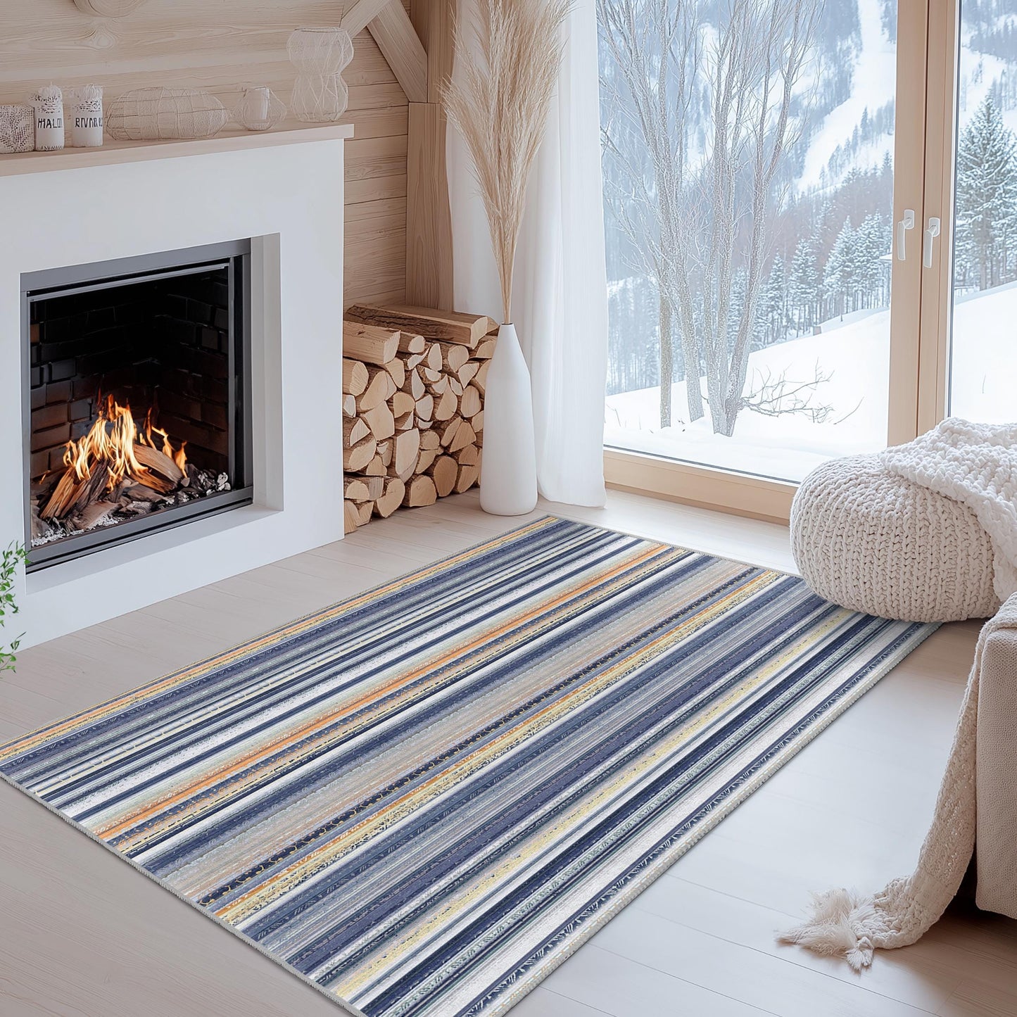 Eleganter gestreifter Teppich, rechteckiger Wohnzimmerteppich, weicher Dekoteppich, stilvolle Wohndekoration, modernes Streifendesign