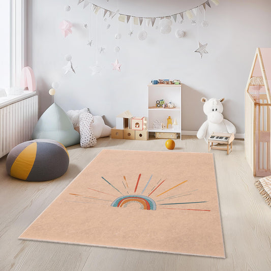 Rainbow Sunshine Play Rug for Kids Room, Colorful Rainbow Carpet, Rectangular Nursery Rug, Baby Play Mat, Kids Room Decor