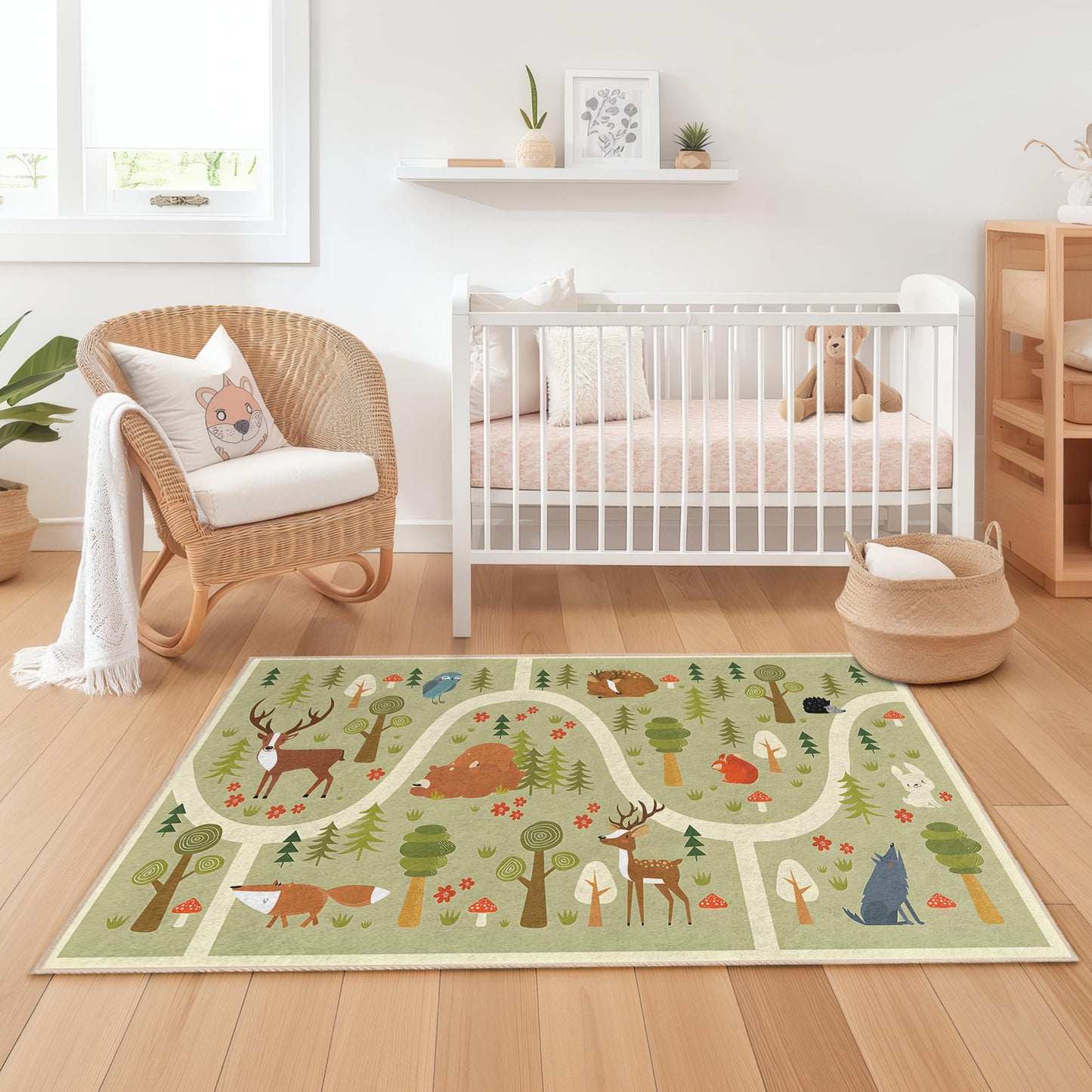 Forest Adventure Kids Rug, Animal Theme Rectangular Carpet, Playroom Decor, Nursery Rug, Kids Room Soft Floor Mat