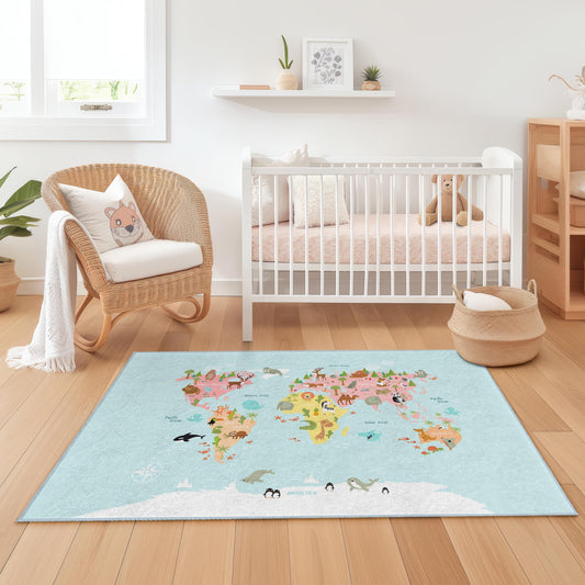 Colorful World Map Kids Rug, Educational Play Mat, Rectangle Kids Carpet, Nursery Decor, Soft Playroom Rug, Animal Theme Rug