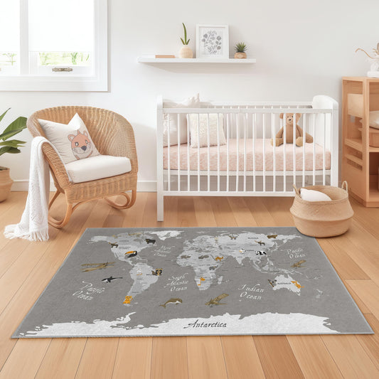 World Map Kids Rug, Educational Rectangle Play Mat, Childrens Room Carpet, Animal Theme Nursery Decor, Soft Playroom Rug