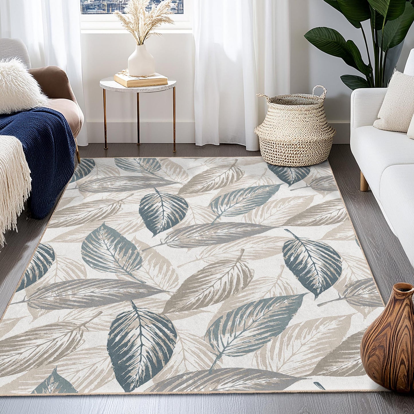 Elegant Leaf Pattern Rectangular Area Rug, Modern Leaf Design Rug, Living Room Carpet, Soft Indoor Rug, Home Decor
