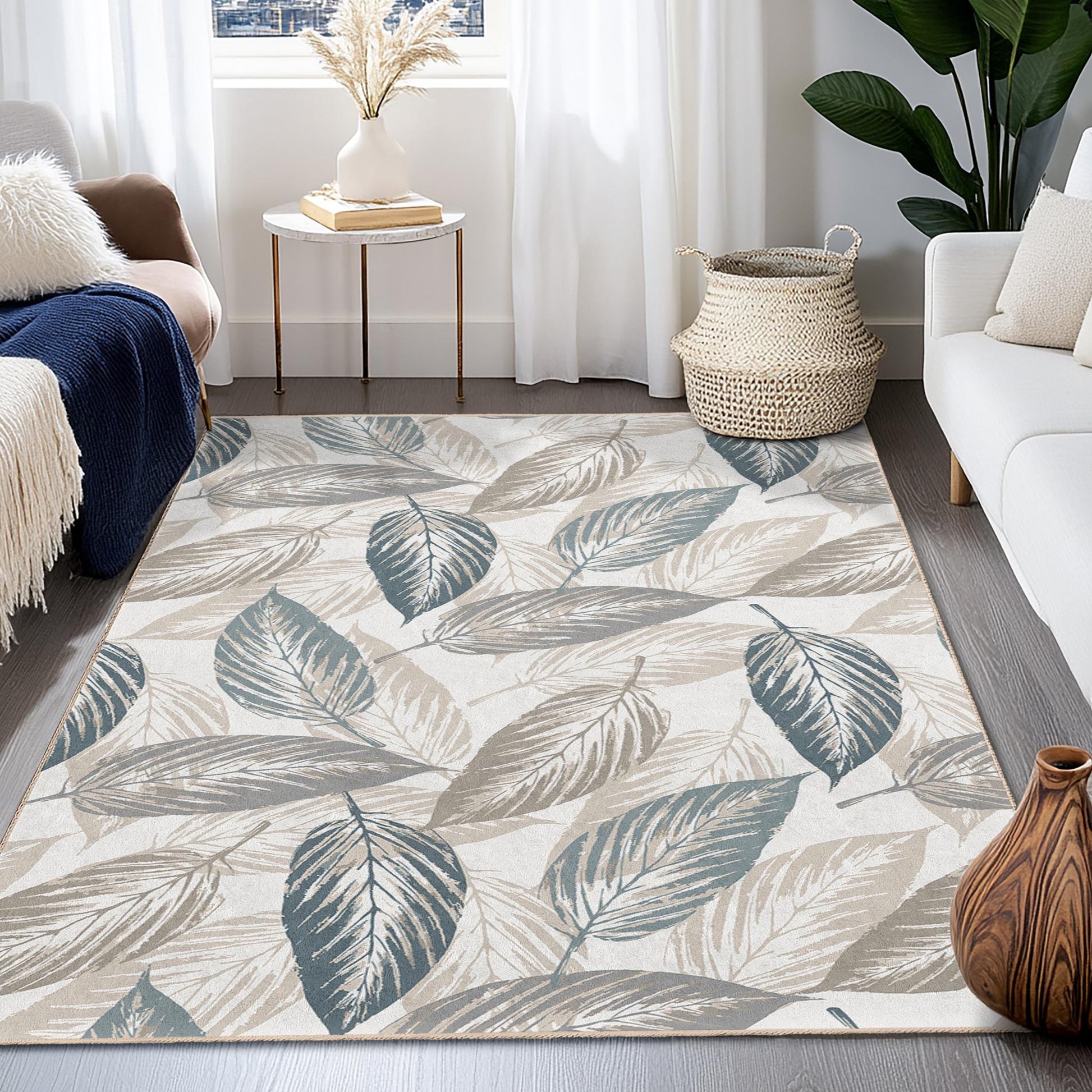 Elegant Leaf Pattern Rectangular Area Rug, Modern Leaf Design Rug, Living Room Carpet, Soft Indoor Rug, Home Decor