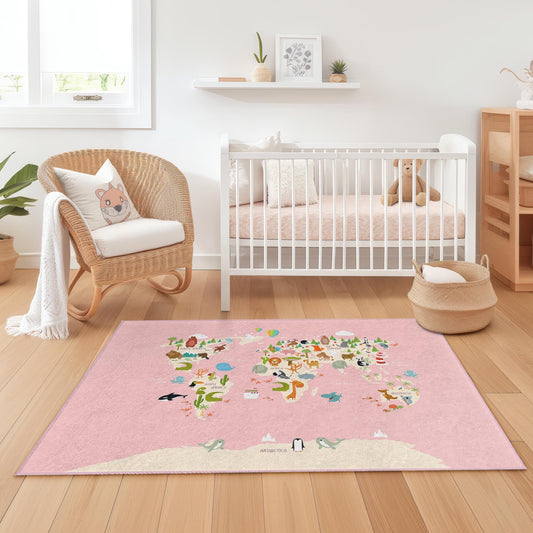 Pink Animal Map Kids Area Rug, Rectangular Play Mat for Children, Cute Animal Design Rug, Nursery Decor, Soft Kids Carpet