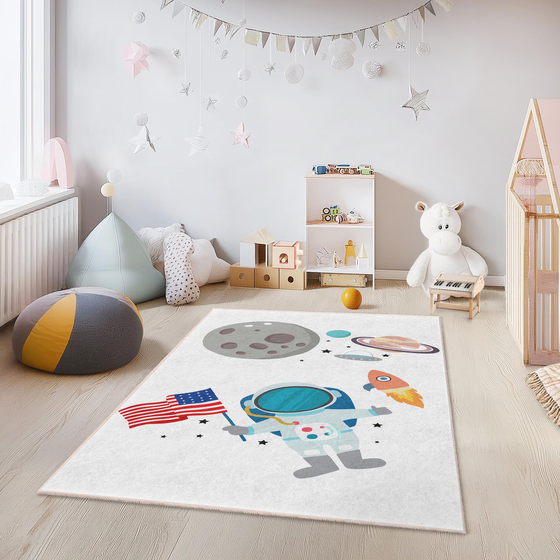 Galaxy Decor, Astronaut Space Adventure Kids Rug, Rectangular Play Mat, Space Theme Carpet for Children's Room, Kids Room Rug