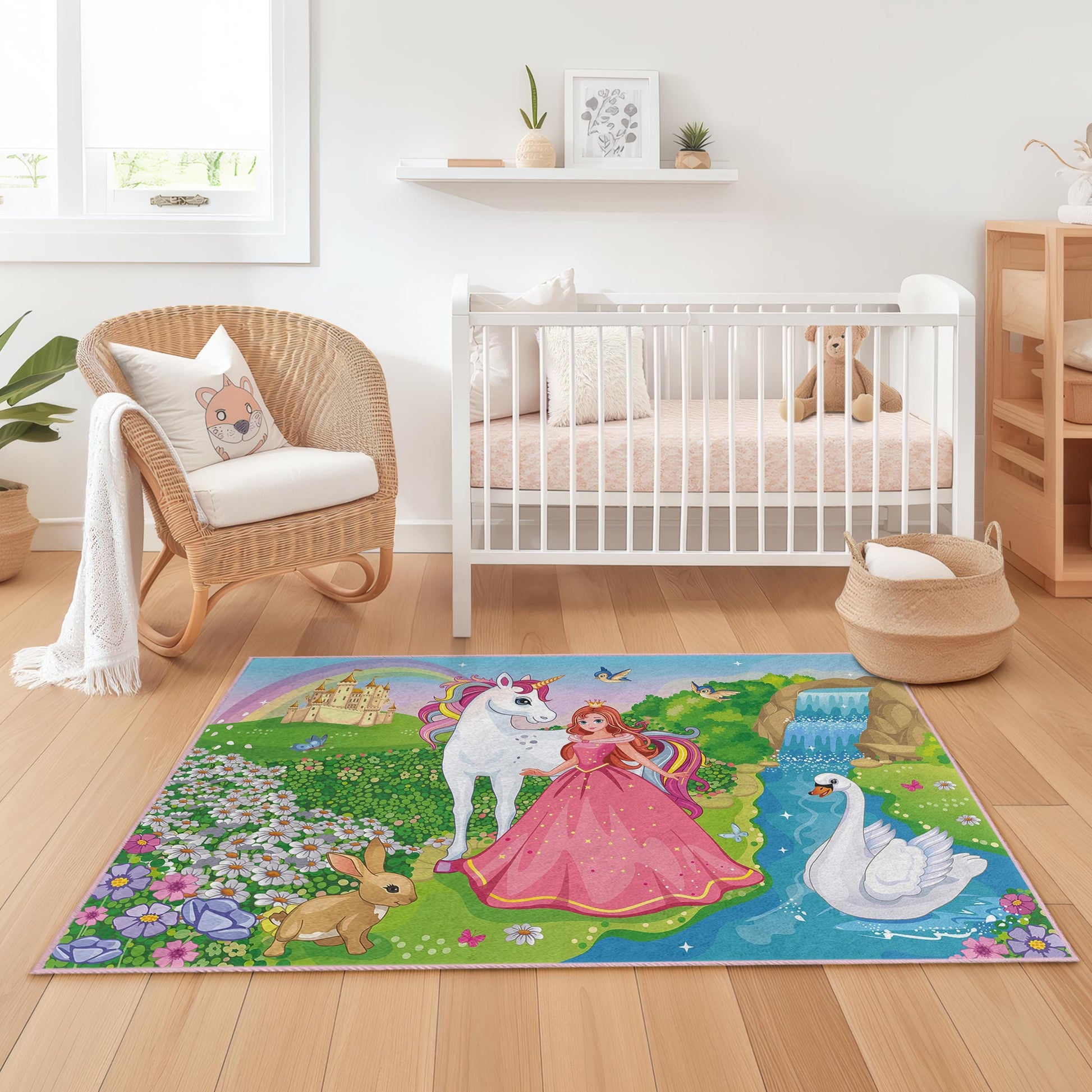 Magical Unicorn and Princess Kids Play Rug, Fairy Tale Rectangular Rug, Enchanted Landscape Carpet for Children's Room