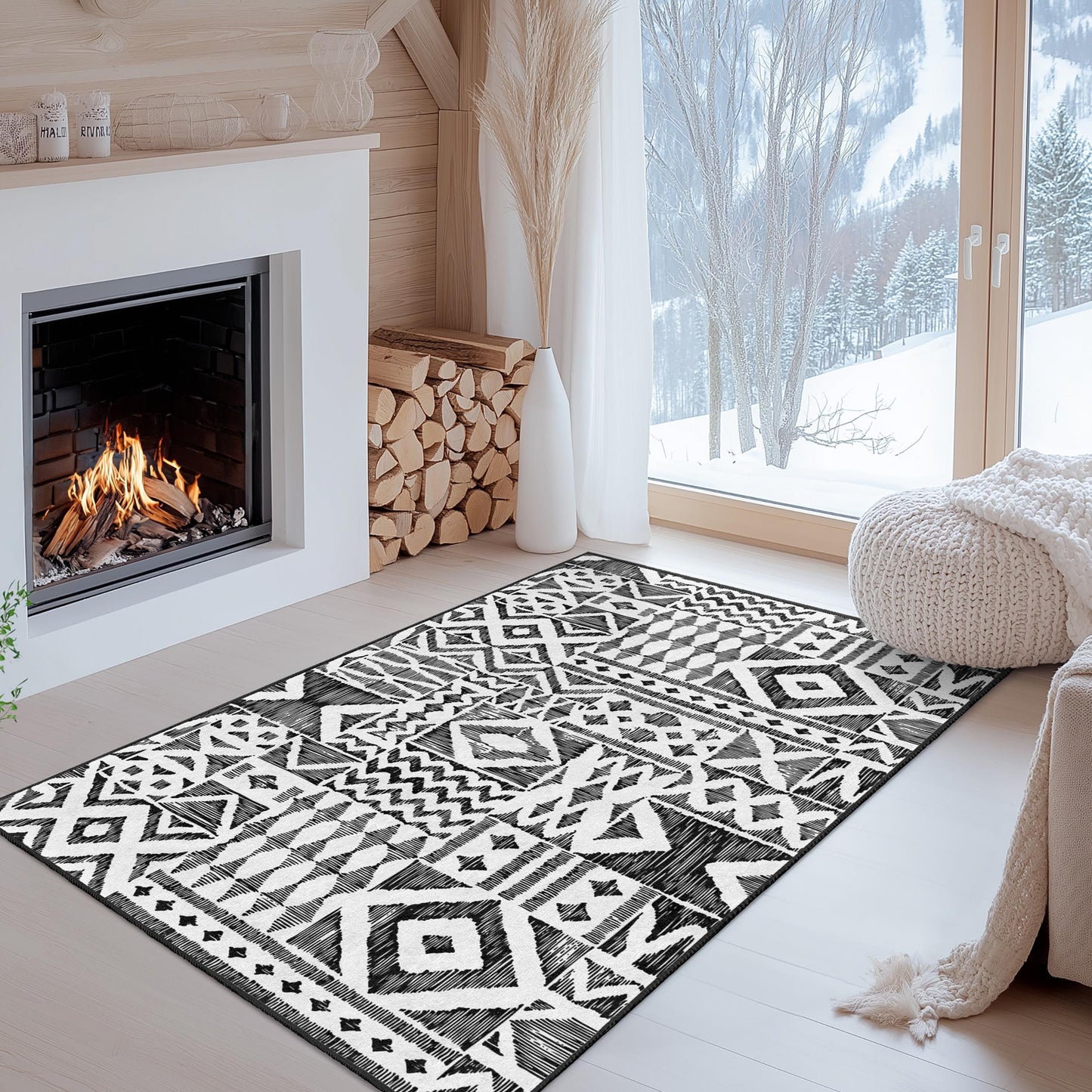 Bohème-Teppich mit geometrischem Muster, rechteckiger Teppich fürs Wohnzimmer, moderner schwarz-weißer Teppich, stilvolle Wohndekoration