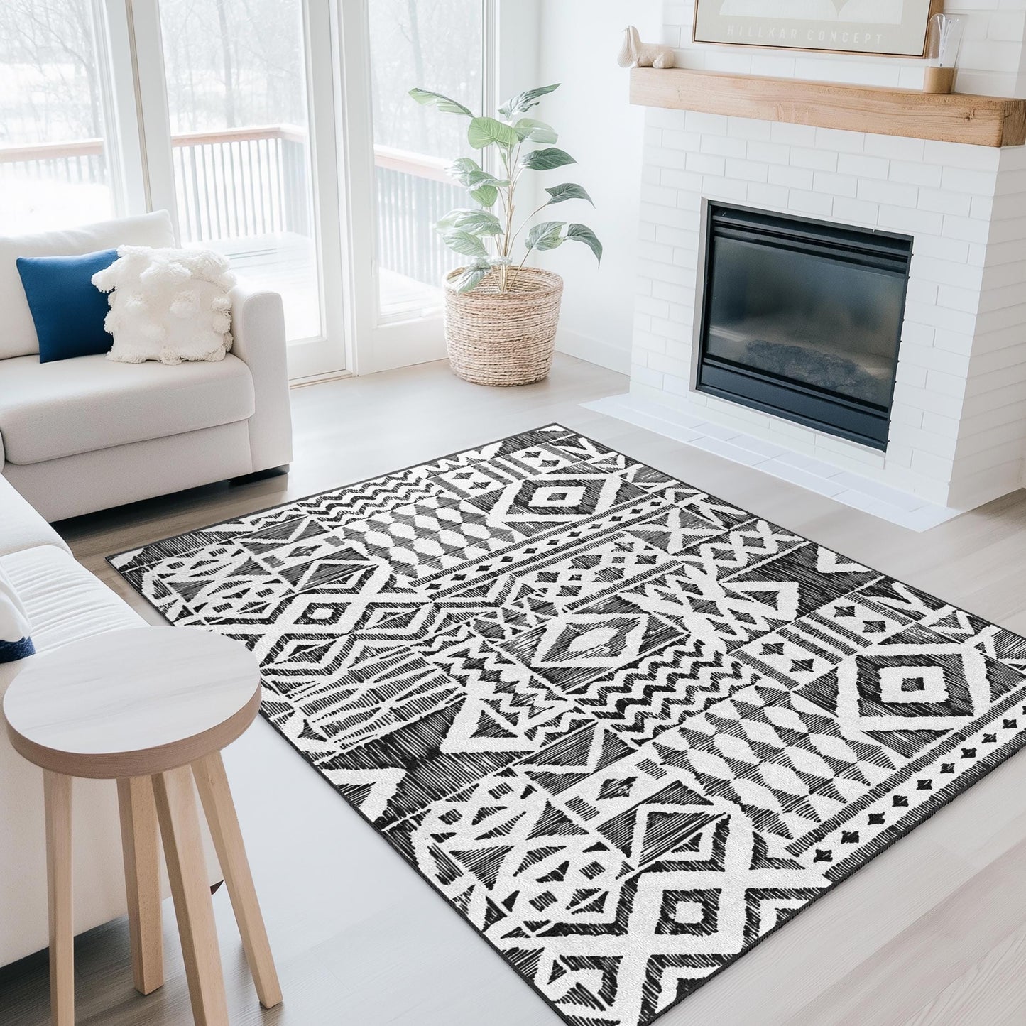 Bohème-Teppich mit geometrischem Muster, rechteckiger Teppich fürs Wohnzimmer, moderner schwarz-weißer Teppich, stilvolle Wohndekoration