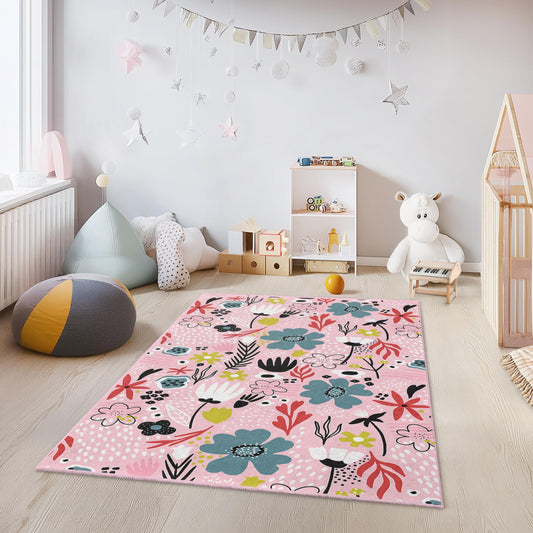 Colorful Floral Kids Rectangular Rug, Playful Flower Design Rug, Nursery Rug, Kids Room Decor, Soft Kids Carpet, Playroom Mat