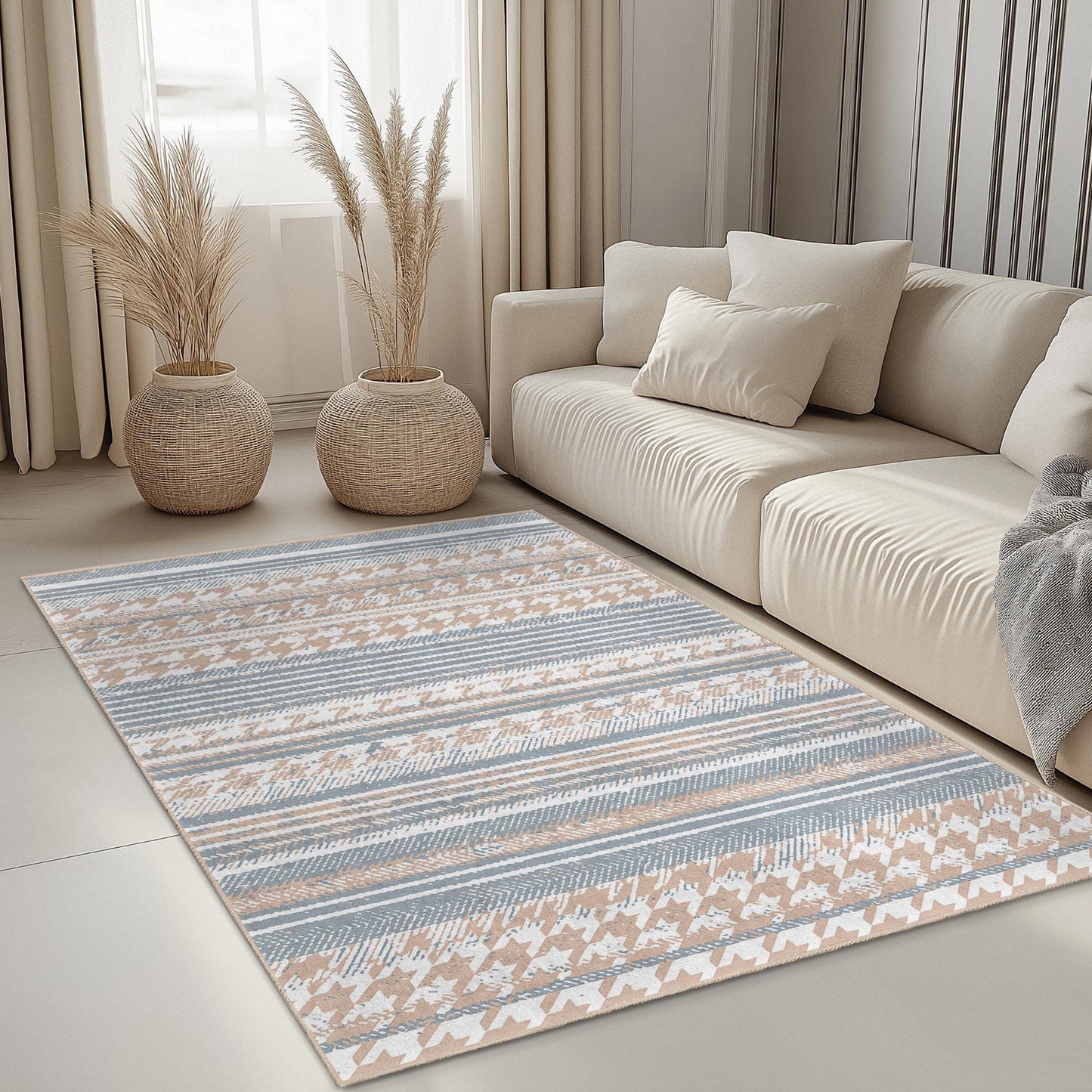 Eleganter, gestreifter rechteckiger Teppich, moderner Wohnzimmerteppich, stilvolle Wohndekoration, weicher rechteckiger Teppich, moderne Fußmatte