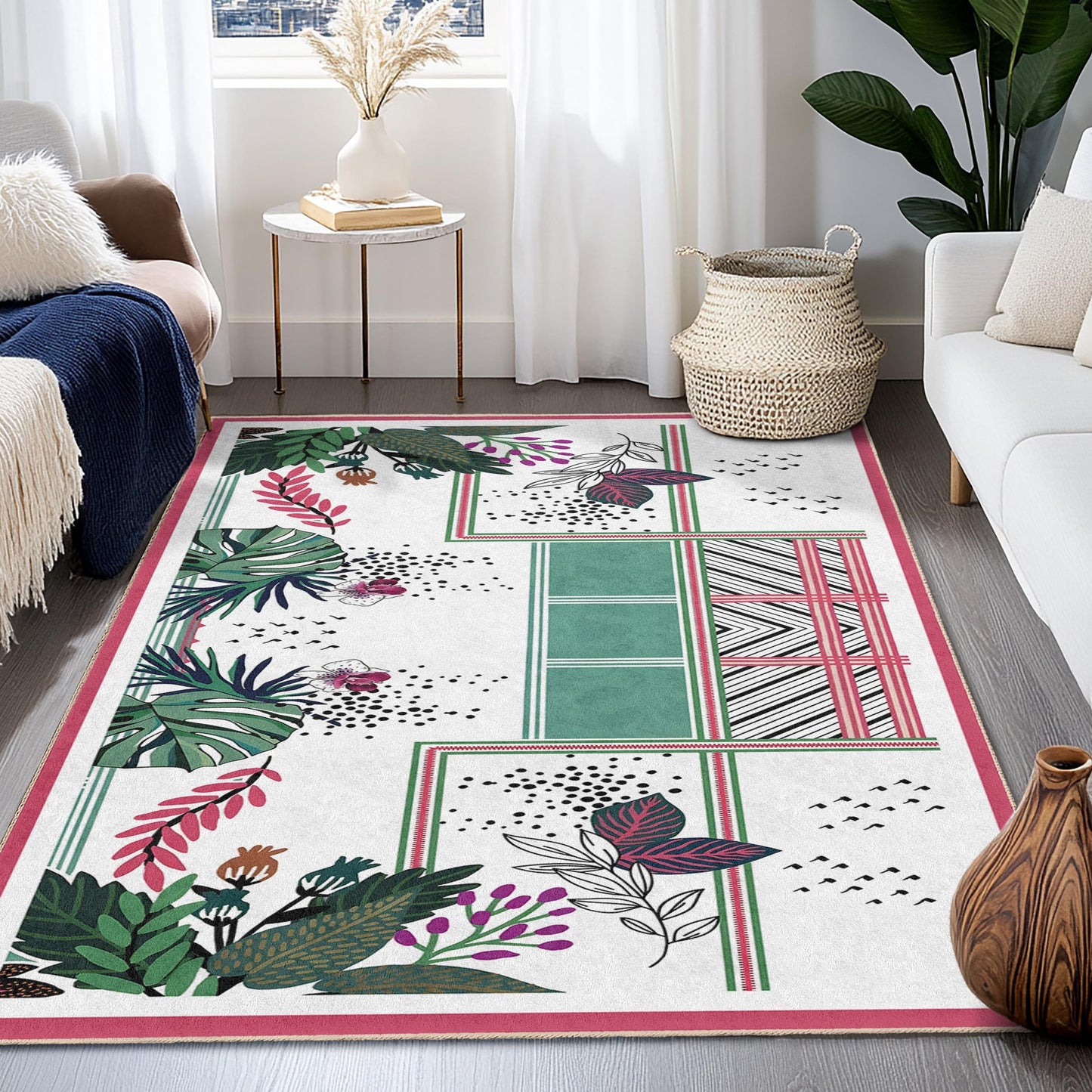 Rechteckiger Teppich mit tropischem Blättermuster, stilvoller Wohnzimmerteppich, moderne Wohndekoration, Teppich für den Innenbereich des Wohnzimmers, Teppich mit botanischem Design
