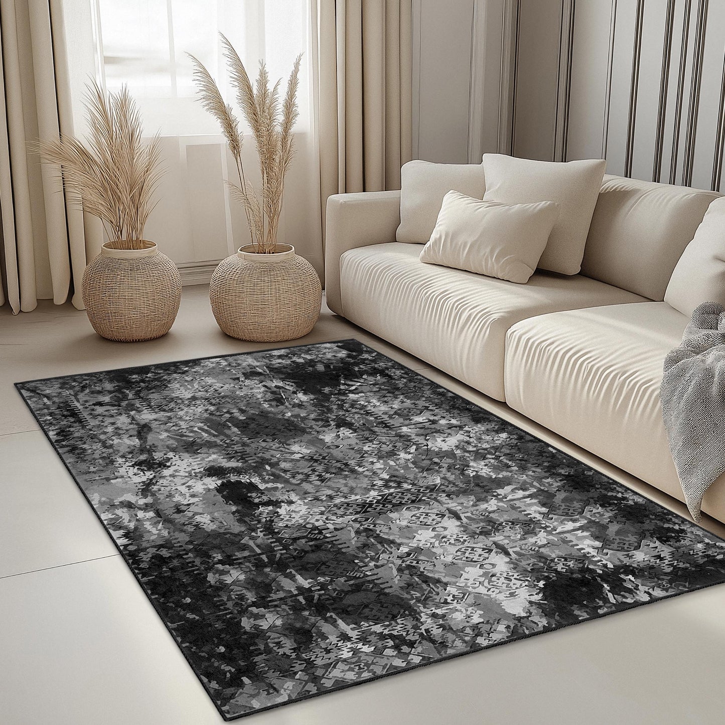 Abstrakter rechteckiger Teppich in Schwarz-Weiß, moderner Musterteppich, dekorativer Wohnzimmerteppich, stilvoller Schlafzimmerteppich, Wohnaccessoire