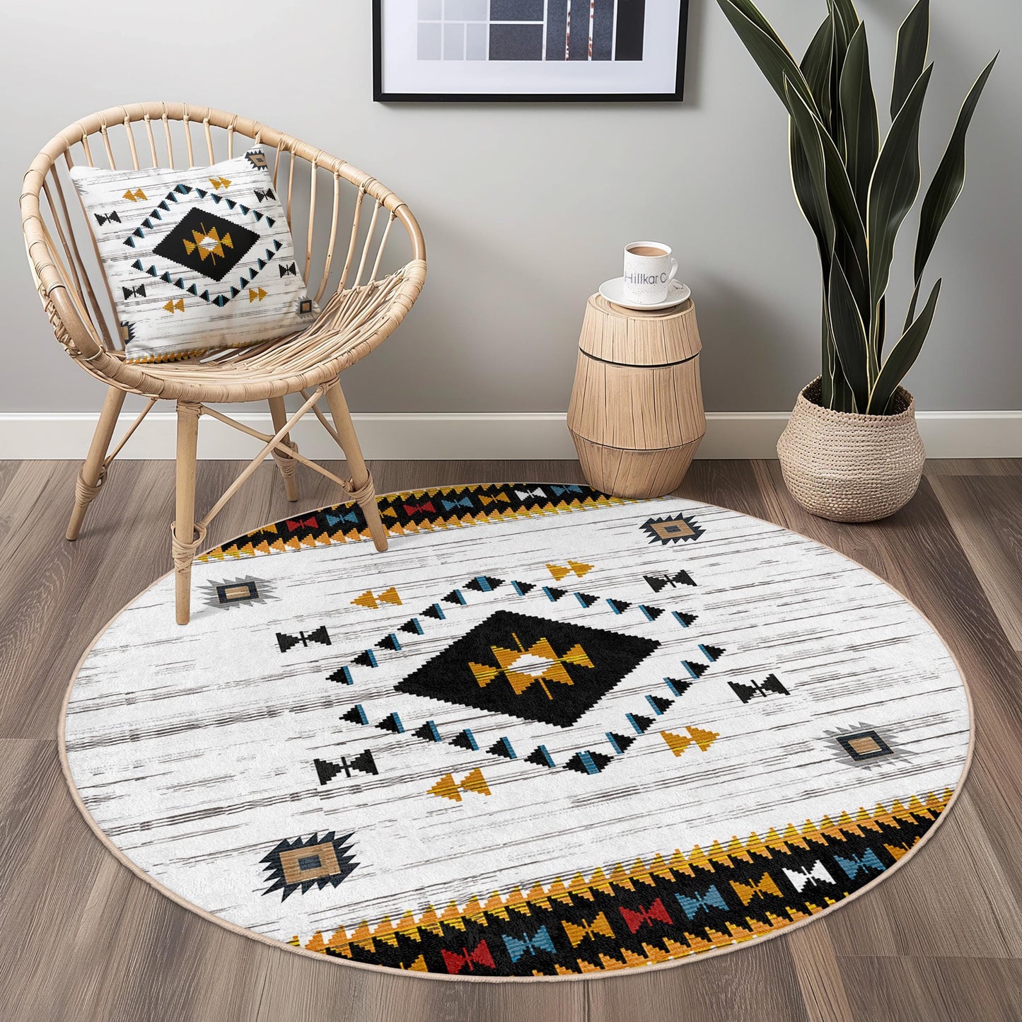 Runder Teppich im Boho-Stil mit geometrischen Mustern, weicher runder Teppich für das Wohnzimmer, stilvoller runder Teppich für die Heimdekoration