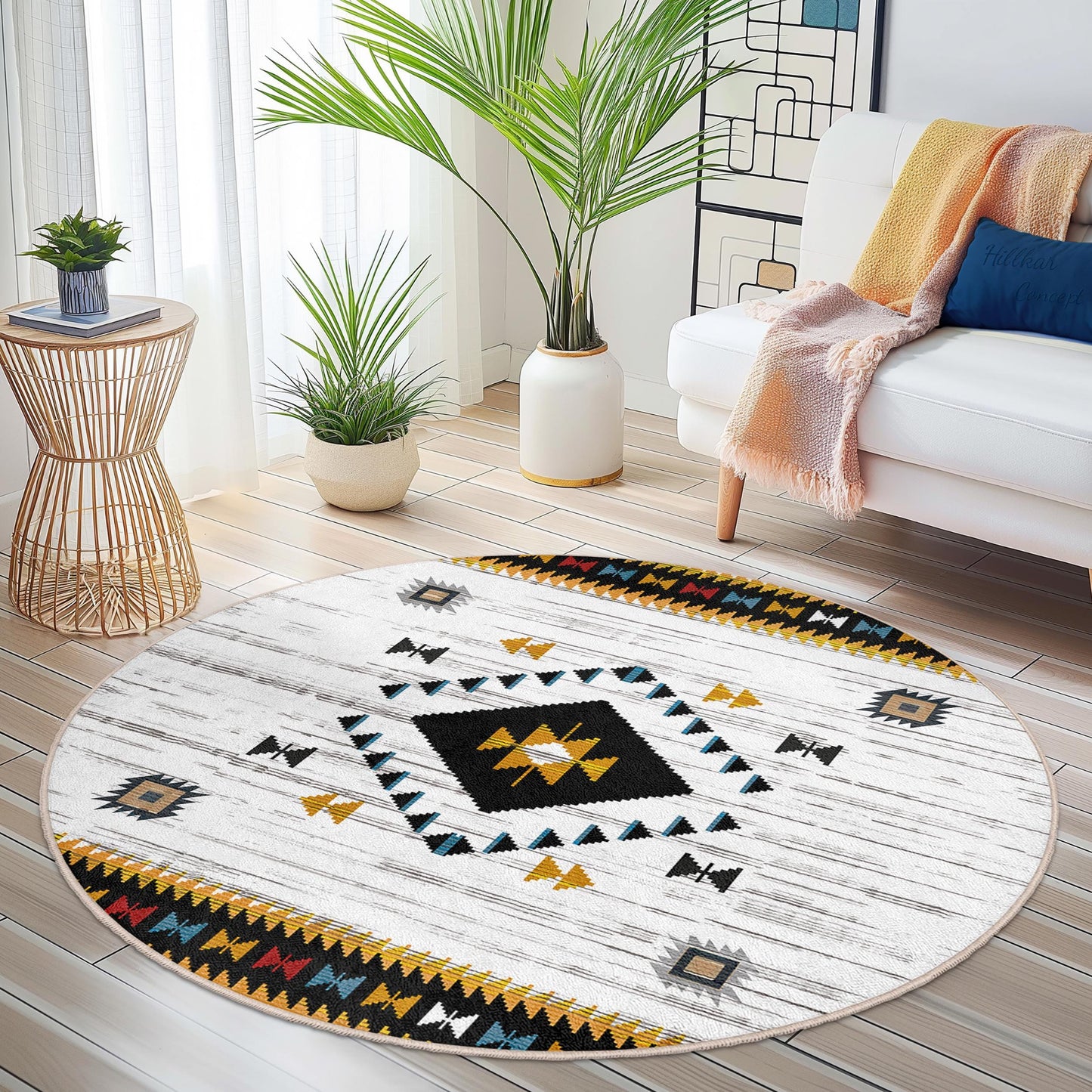 Runder Teppich im Boho-Stil mit geometrischen Mustern, weicher runder Teppich für das Wohnzimmer, stilvoller runder Teppich für die Heimdekoration