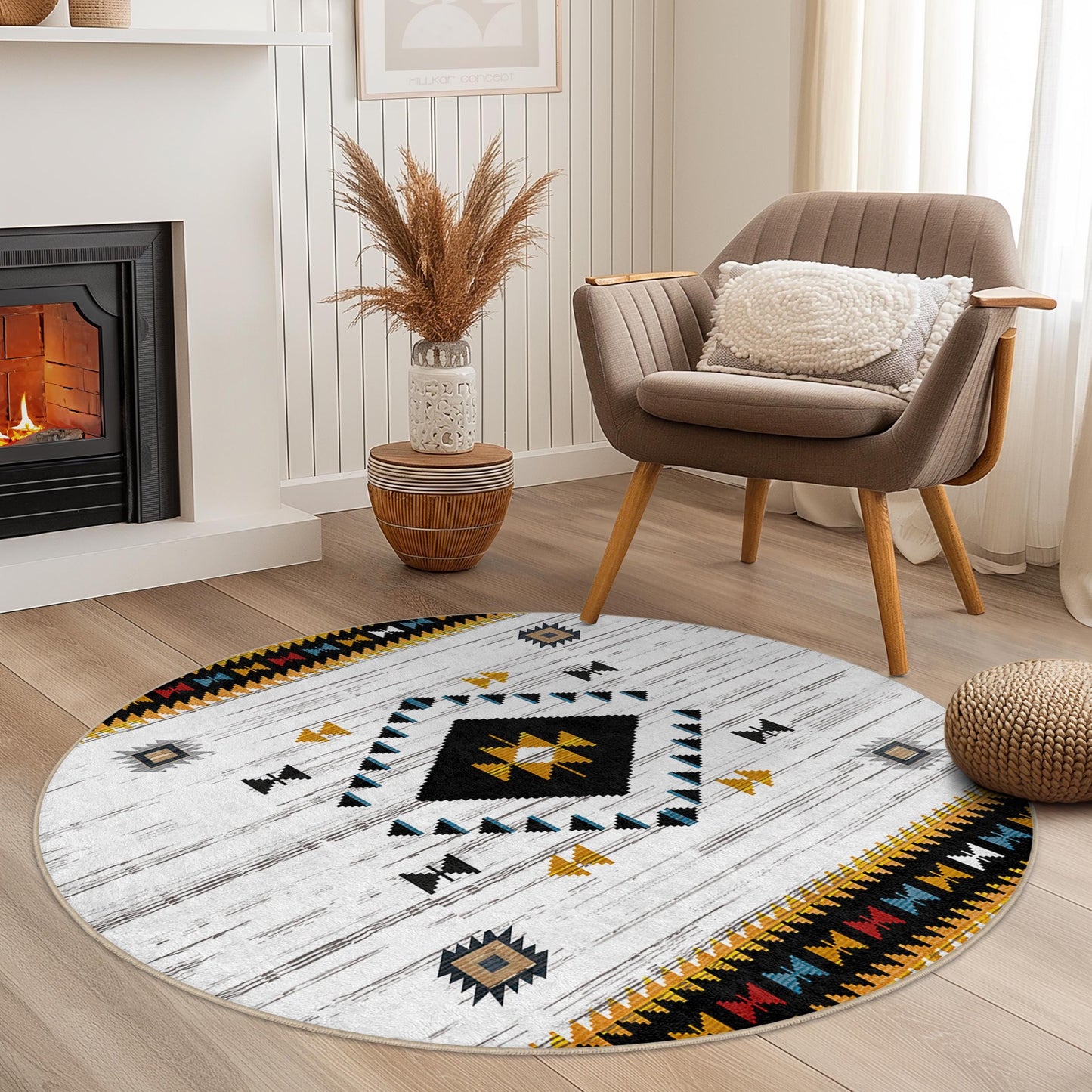 Runder Teppich im Boho-Stil mit geometrischen Mustern, weicher runder Teppich für das Wohnzimmer, stilvoller runder Teppich für die Heimdekoration