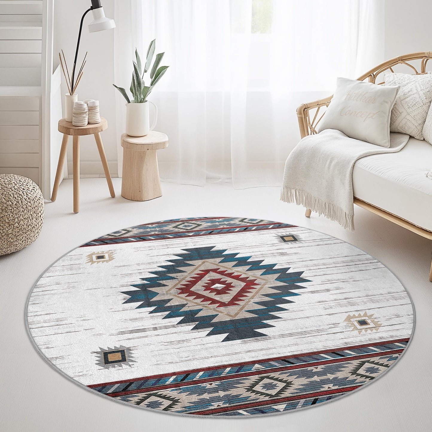 Runder Teppich im Boho-Stil, Teppich mit geometrischem Muster, gemütliche Wohnzimmerdekoration, weicher Schlafzimmerteppich, stilvoller runder Teppich für Zuhause