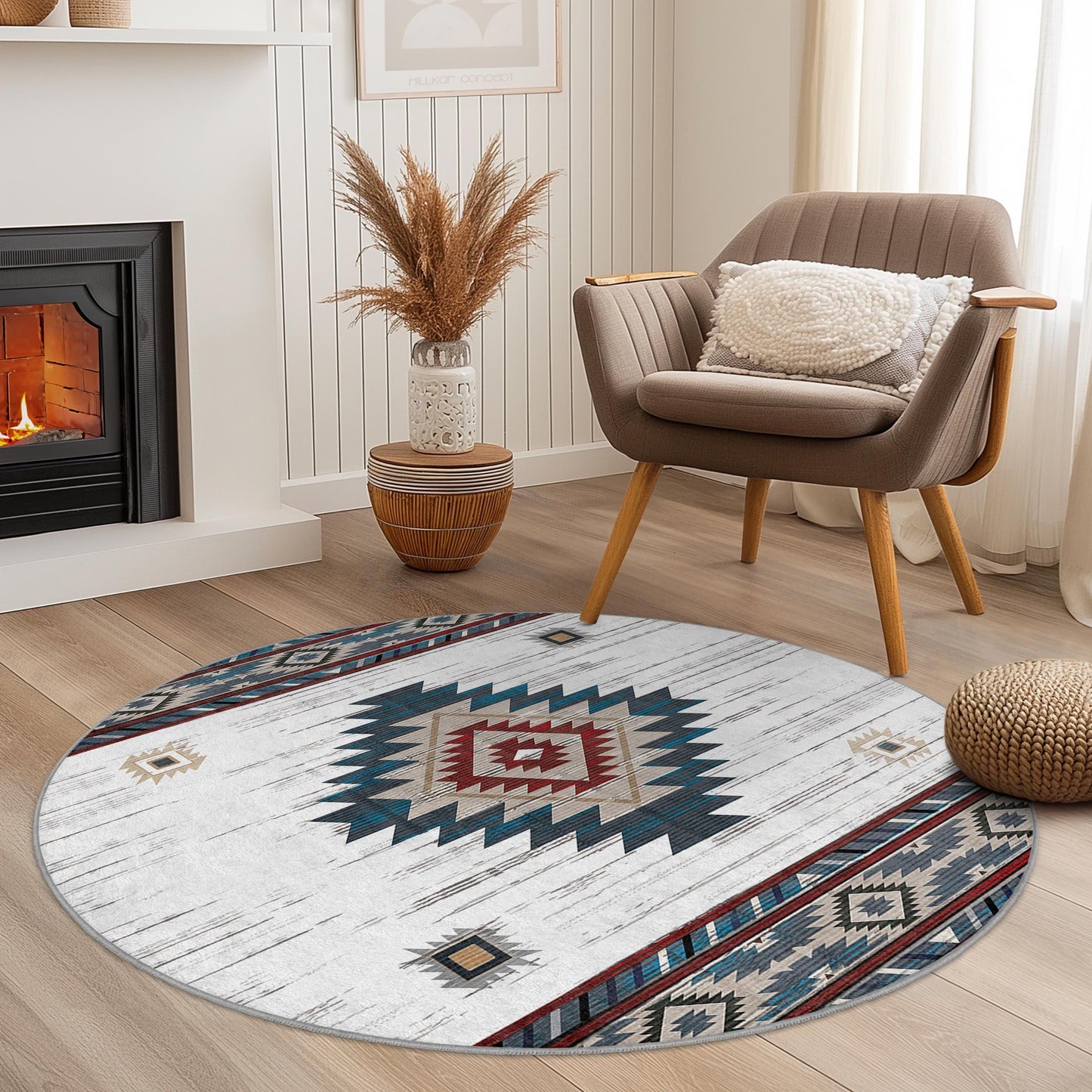 Runder Teppich im Boho-Stil, Teppich mit geometrischem Muster, gemütliche Wohnzimmerdekoration, weicher Schlafzimmerteppich, stilvoller runder Teppich für Zuhause