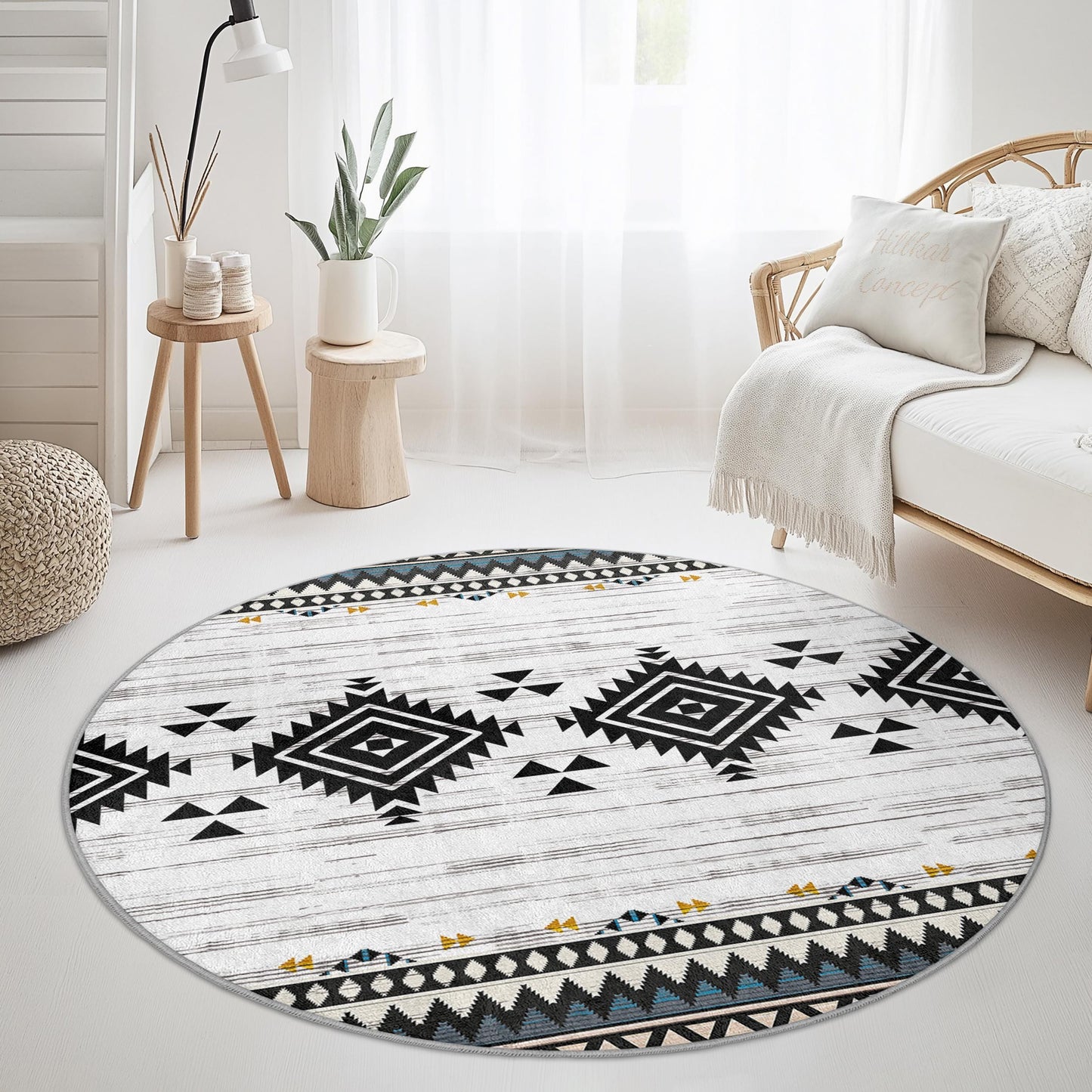 Geometrischer runder Teppich im Bohème-Stil, moderner runder Teppich, Fußmatte mit Ethno-Muster, weiche Wohnzimmerdekoration, Wohnaccessoire-Teppich