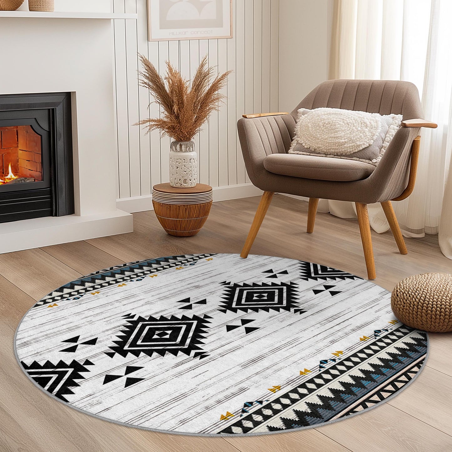 Geometrischer runder Teppich im Bohème-Stil, moderner runder Teppich, Fußmatte mit Ethno-Muster, weiche Wohnzimmerdekoration, Wohnaccessoire-Teppich