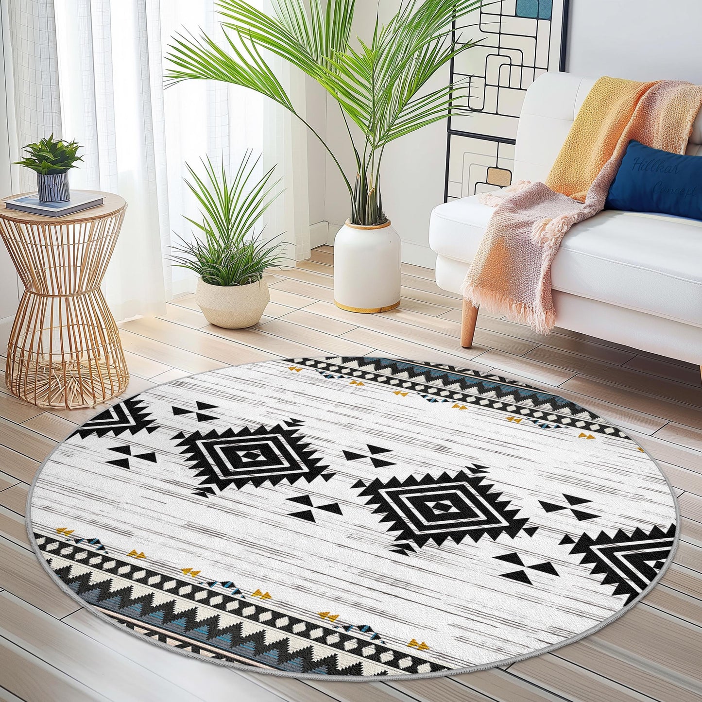 Geometrischer runder Teppich im Bohème-Stil, moderner runder Teppich, Fußmatte mit Ethno-Muster, weiche Wohnzimmerdekoration, Wohnaccessoire-Teppich