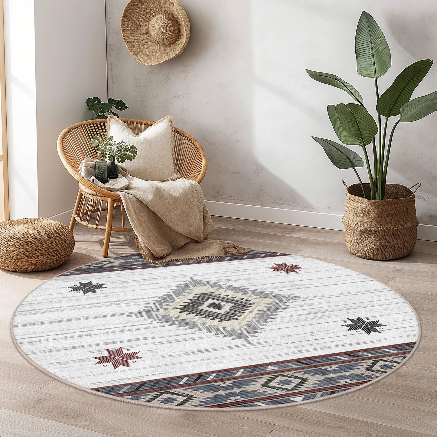 Geometrischer runder Teppich, moderner runder Teppich, runder Teppich im Boho-Stil, Wohnzimmerdekoration, einzigartige runde Fußmatte