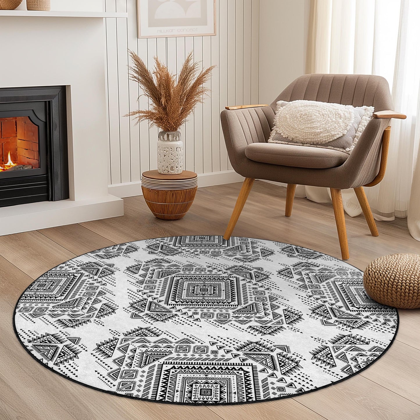 Geometric Black and White Round Area Rug, Modern Tribal Circle Rug, Bohemian Decor, Soft Living Room Rug, Unique Home Flooring
