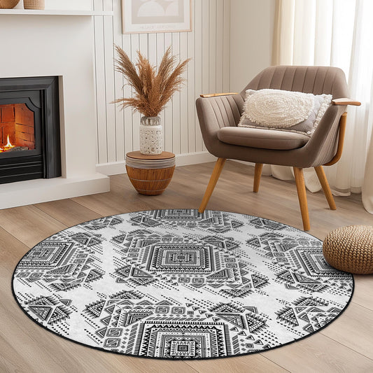 Geometric Black and White Round Area Rug, Modern Tribal Circle Rug, Bohemian Decor, Soft Living Room Rug, Unique Home Flooring