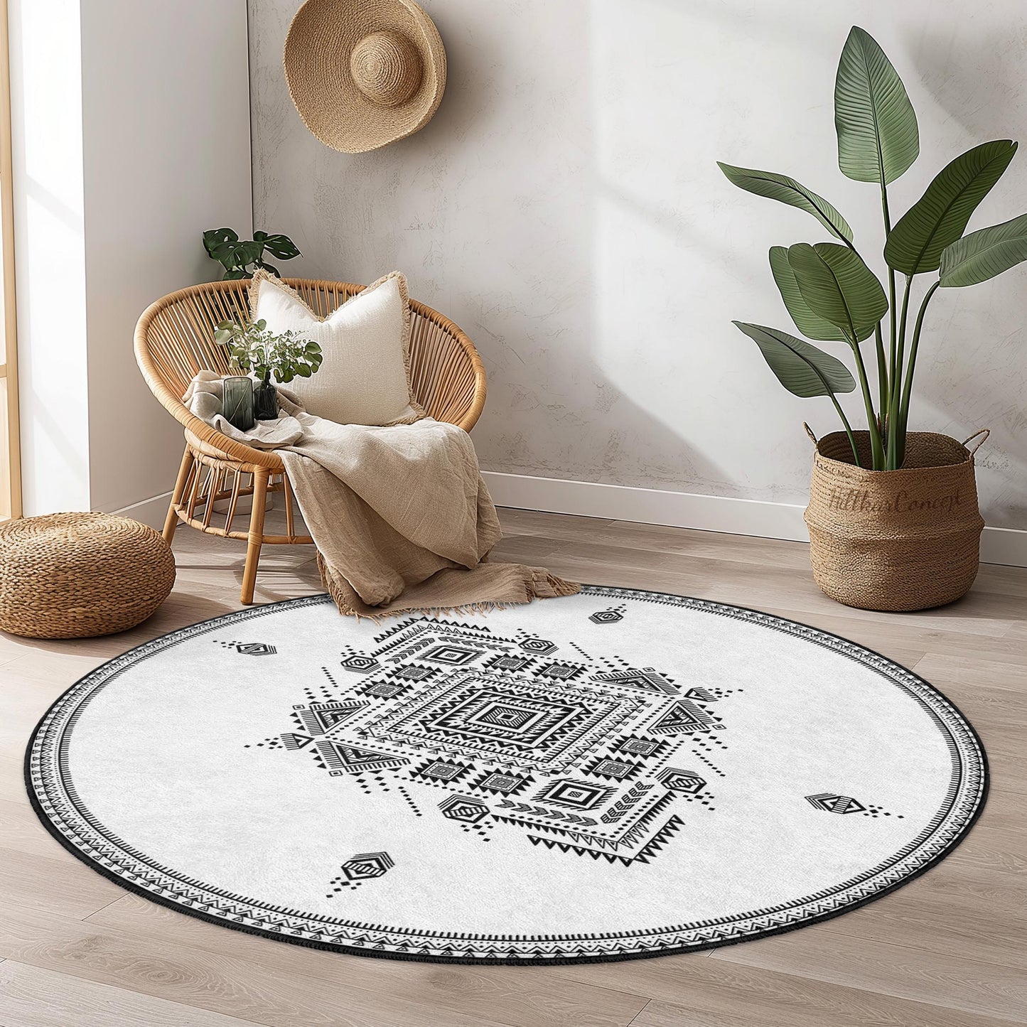 Eleganter, geometrischer, runder Teppich, moderner runder Wohnzimmerteppich, runde Fußmatte im Bohème-Stil, dekorativer runder Teppich
