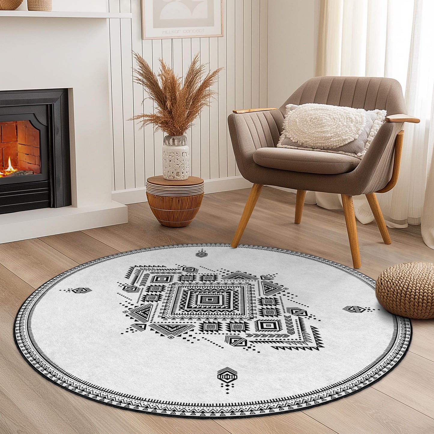 Eleganter, geometrischer, runder Teppich, moderner runder Wohnzimmerteppich, runde Fußmatte im Bohème-Stil, dekorativer runder Teppich
