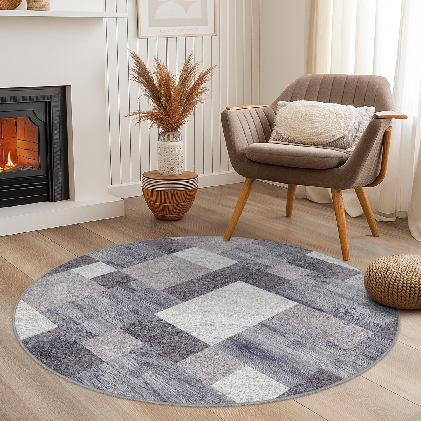 Moderner geometrischer runder Teppich, stilvoller grauer runder Teppich, weicher Wohnzimmerteppich, zeitgenössischer runder Teppich, einzigartige Wohnaccessoires