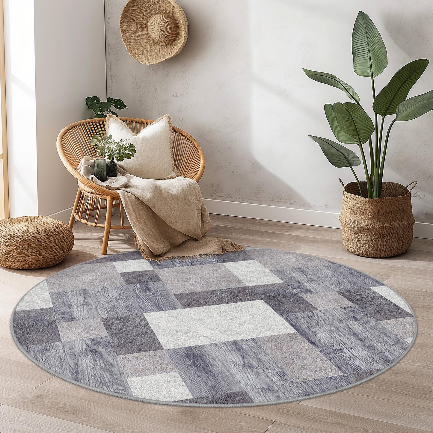 Moderner geometrischer runder Teppich, stilvoller grauer runder Teppich, weicher Wohnzimmerteppich, zeitgenössischer runder Teppich, einzigartige Wohnaccessoires