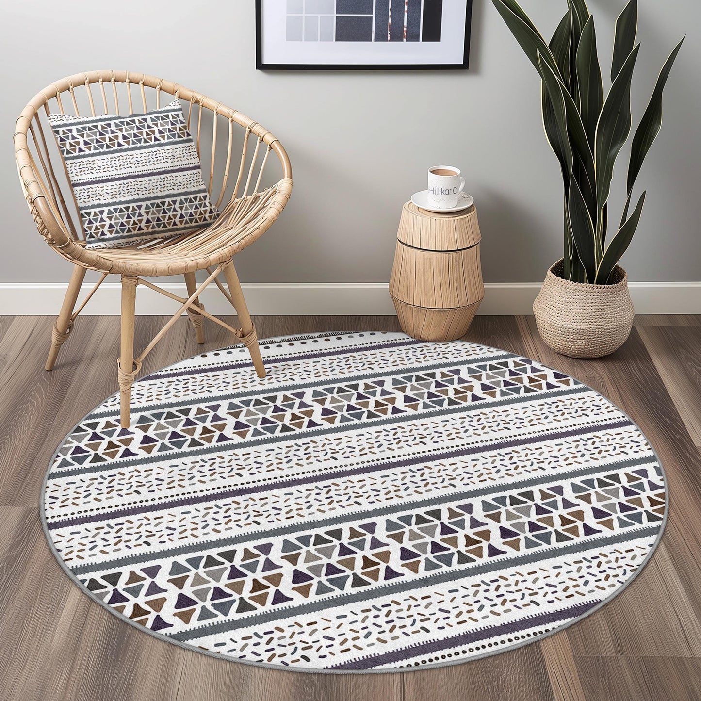 Runder Teppich mit geometrischem Muster, moderner runder Teppich, weiche Bodenmatte fürs Wohnzimmer, stilvoller runder Teppich, Wohnaccessoires