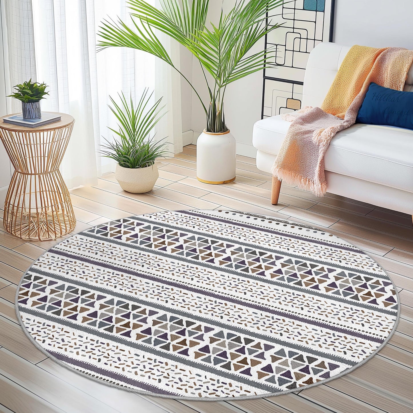 Runder Teppich mit geometrischem Muster, moderner runder Teppich, weiche Bodenmatte fürs Wohnzimmer, stilvoller runder Teppich, Wohnaccessoires