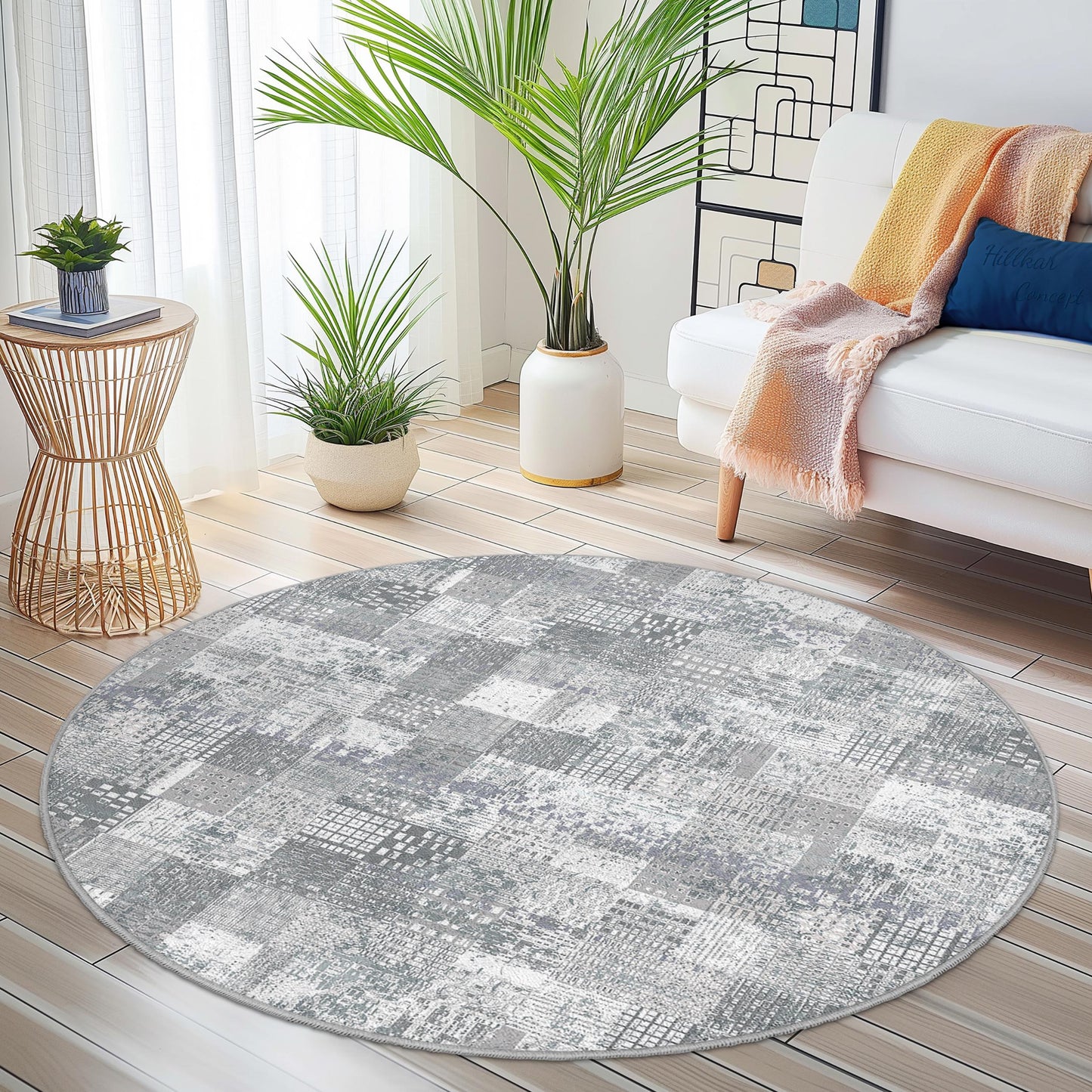 Moderner geometrischer runder Teppich, grauer Patchwork-Rundteppich, weicher Wohnzimmerteppich, zeitgenössische Wohndekoration, stilvoller runder Teppich