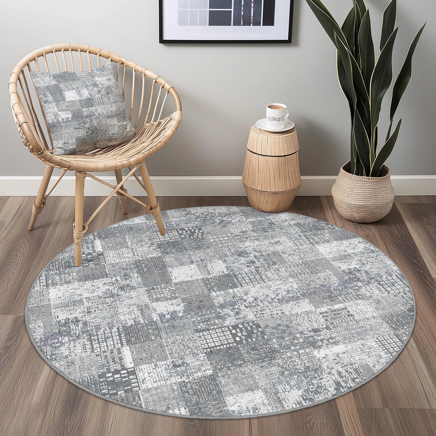 Moderner geometrischer runder Teppich, grauer Patchwork-Rundteppich, weicher Wohnzimmerteppich, zeitgenössische Wohndekoration, stilvoller runder Teppich