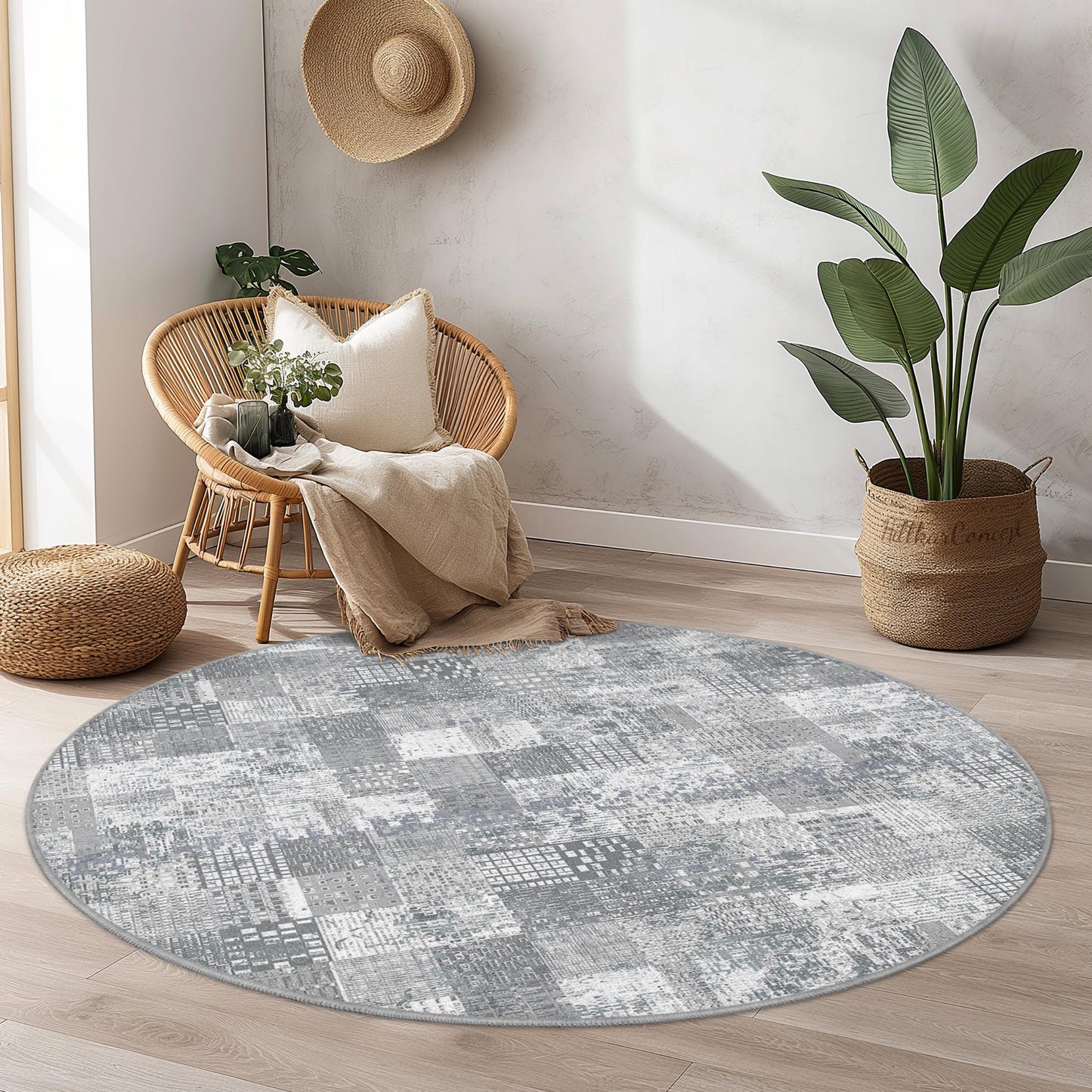 Moderner geometrischer runder Teppich, grauer Patchwork-Rundteppich, weicher Wohnzimmerteppich, zeitgenössische Wohndekoration, stilvoller runder Teppich