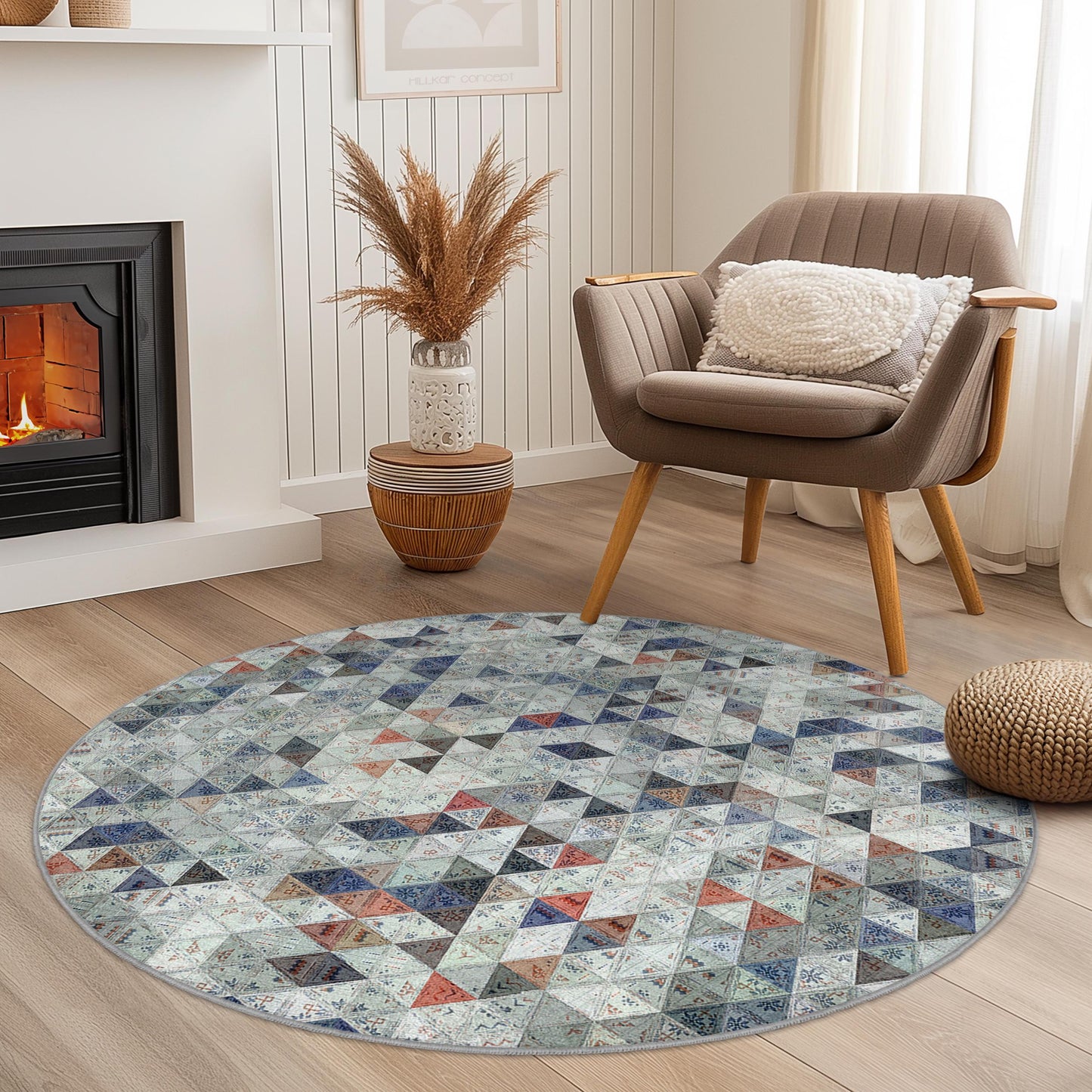 Runder Teppich mit geometrischem Muster, runder Teppich im Bohème-Stil, weicher, gemütlicher runder Teppich für Wohn- oder Schlafzimmer, dekorative Bodenmatte