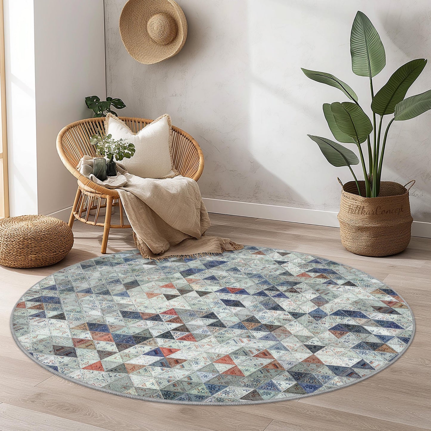 Runder Teppich mit geometrischem Muster, runder Teppich im Bohème-Stil, weicher, gemütlicher runder Teppich für Wohn- oder Schlafzimmer, dekorative Bodenmatte